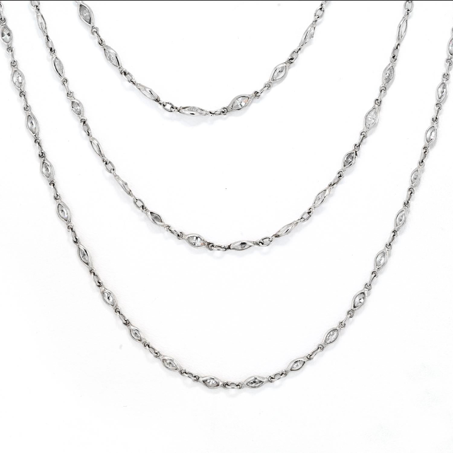 Platinum 29.50cttw Marquise Cut Diamond By The Yard 70 inches Necklace In Excellent Condition For Sale In New York, NY