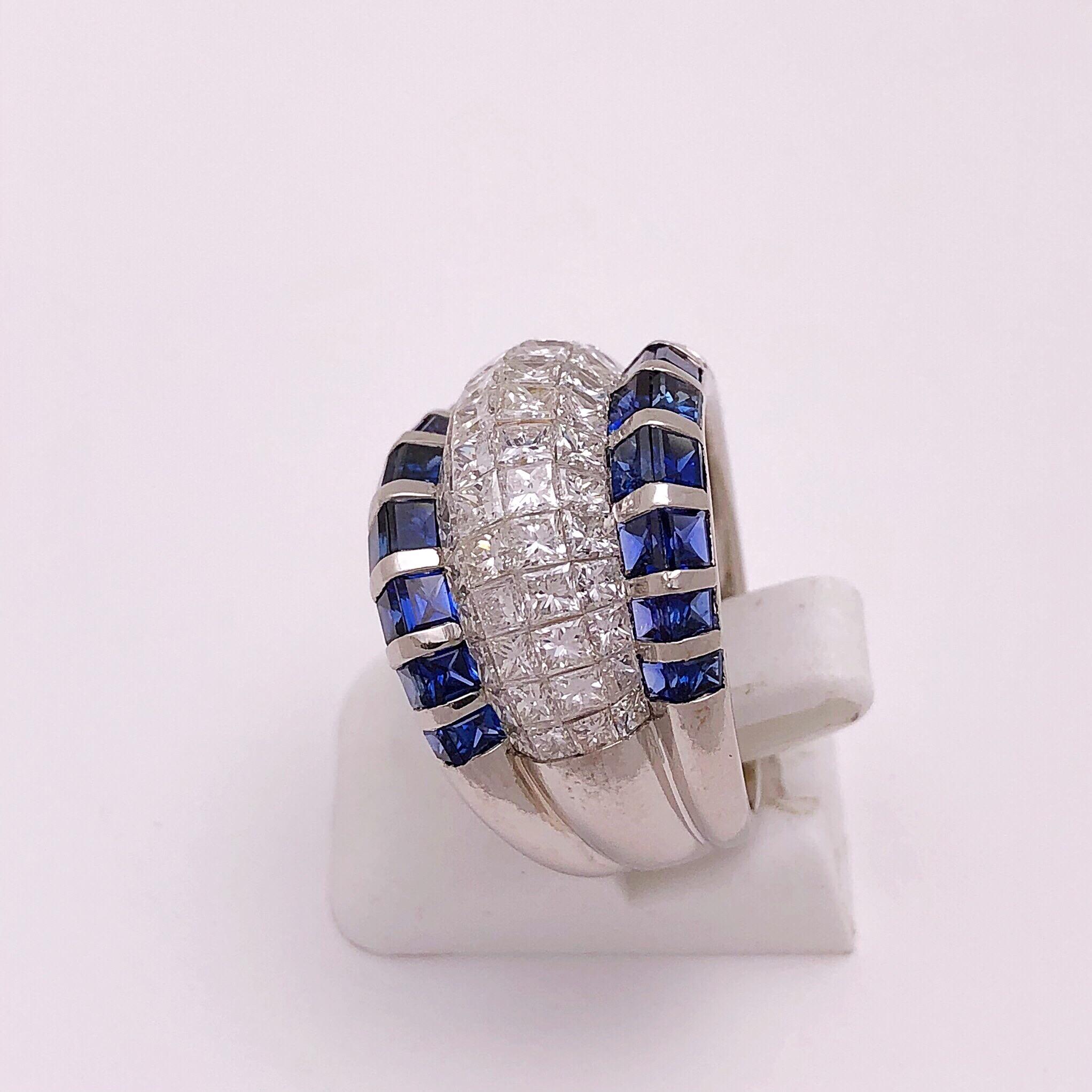 Princess Cut Platinum, 2.96 Carat Diamond and 3.94 Carat Blue Sapphire Band Ring For Sale