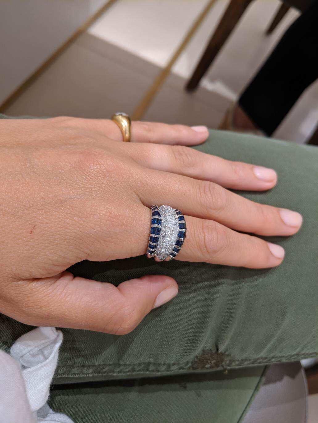 Platinum, 2.96 Carat Diamond and 3.94 Carat Blue Sapphire Band Ring In New Condition For Sale In New York, NY