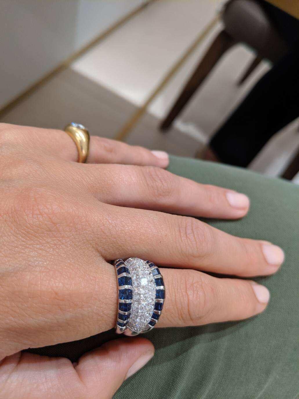 Women's or Men's Platinum, 2.96 Carat Diamond and 3.94 Carat Blue Sapphire Band Ring For Sale