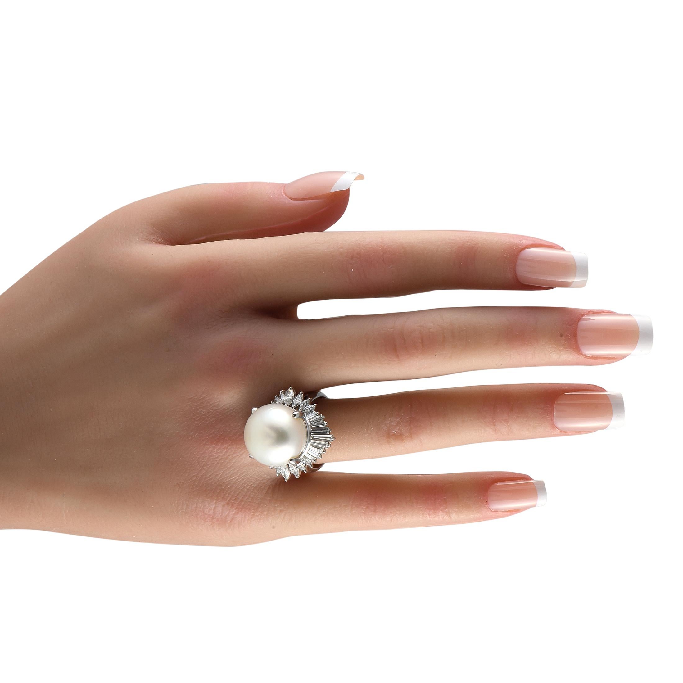 Baguette Cut Platinum 2.96ct Diamond and Pearl Ring For Sale
