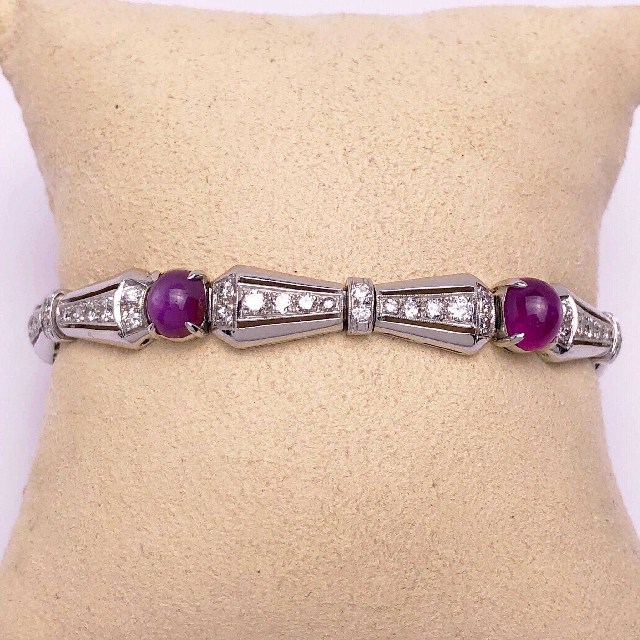 Art Deco Platinum 2 Carat Diamond and Star Ruby Estate Bracelet For Sale