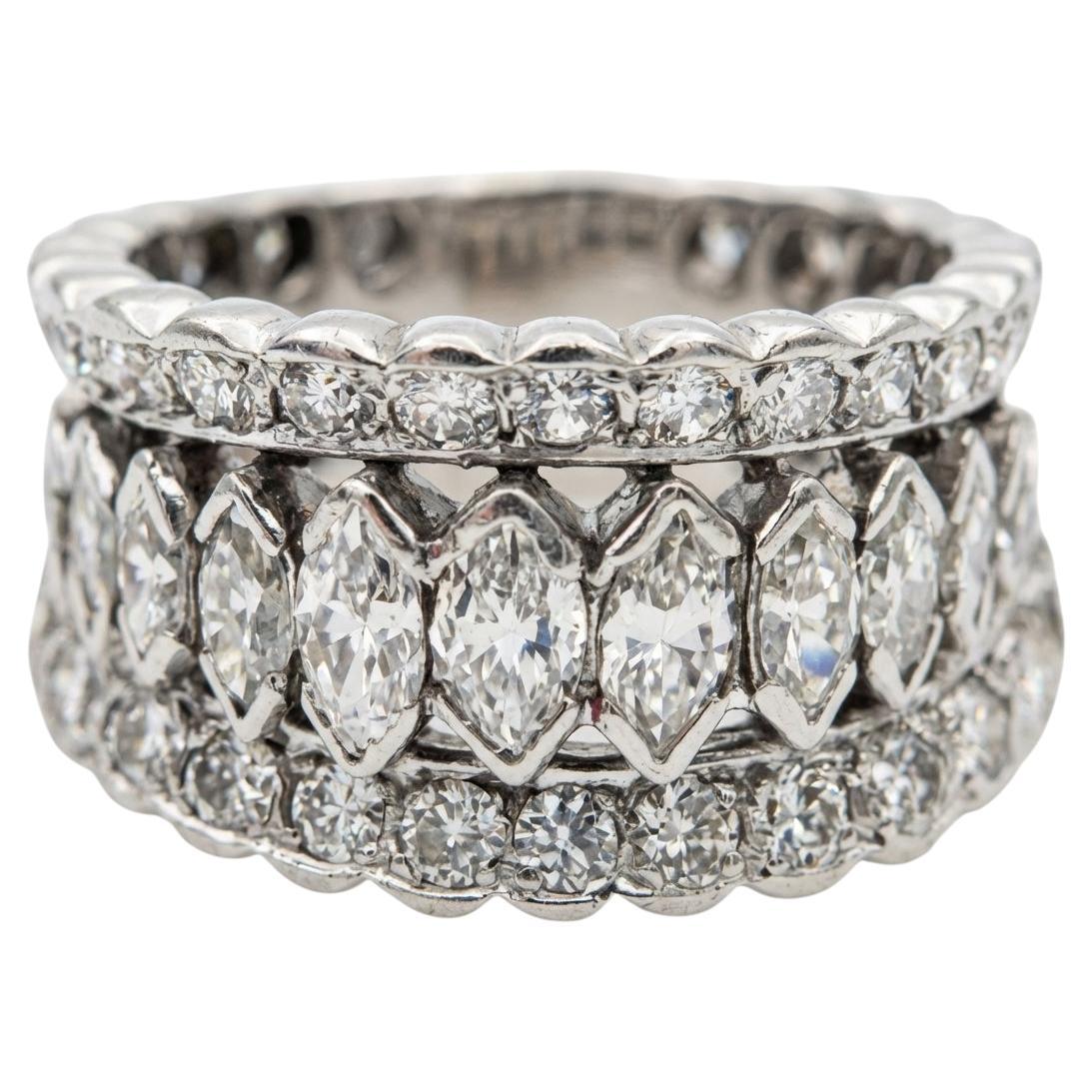 Platinum 3 Carat Diamond Multi-Row Marquise and Round Estate Band Ring
