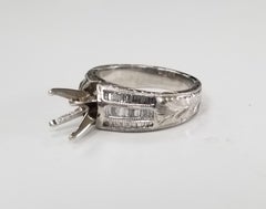 Platinum 3-Row Baguette Channel Set Ring with Hand Engraving