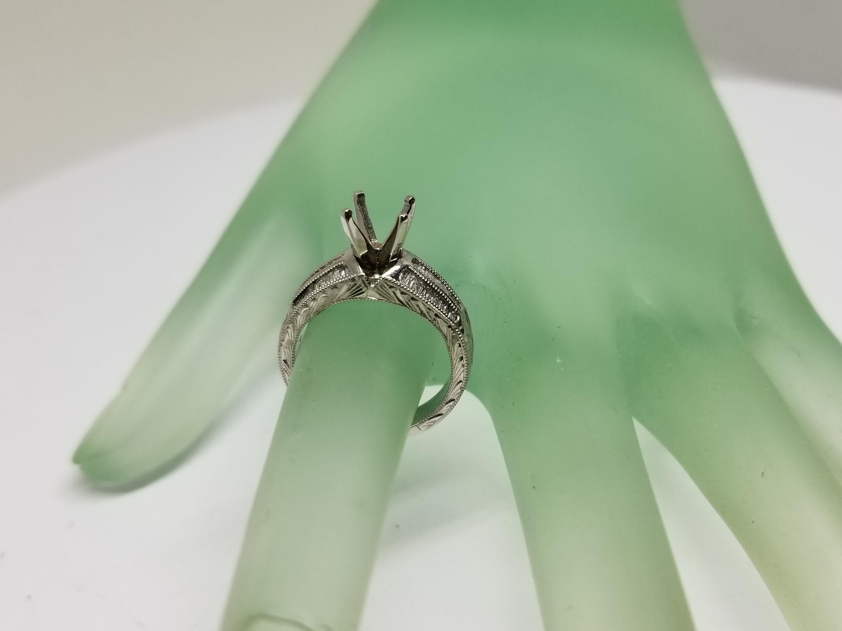 Platinum 3-Row Baguette Channel Set Ring with Hand Engraving In New Condition For Sale In Los Angeles, CA
