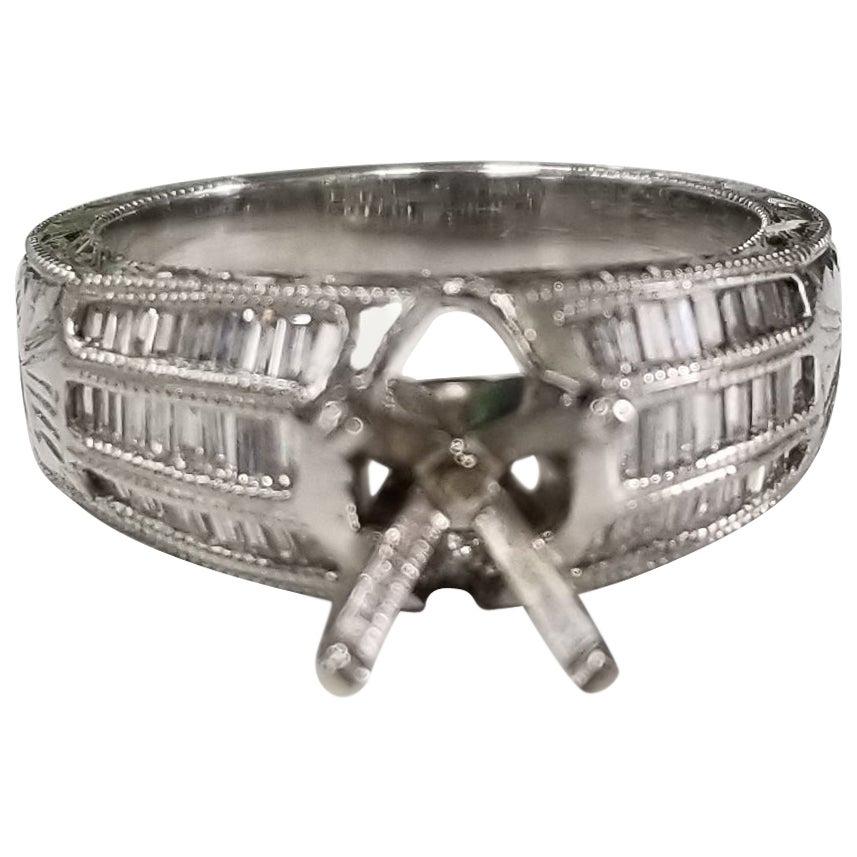 Platinum 3-Row Baguette Channel Set Ring with Hand Engraving For Sale