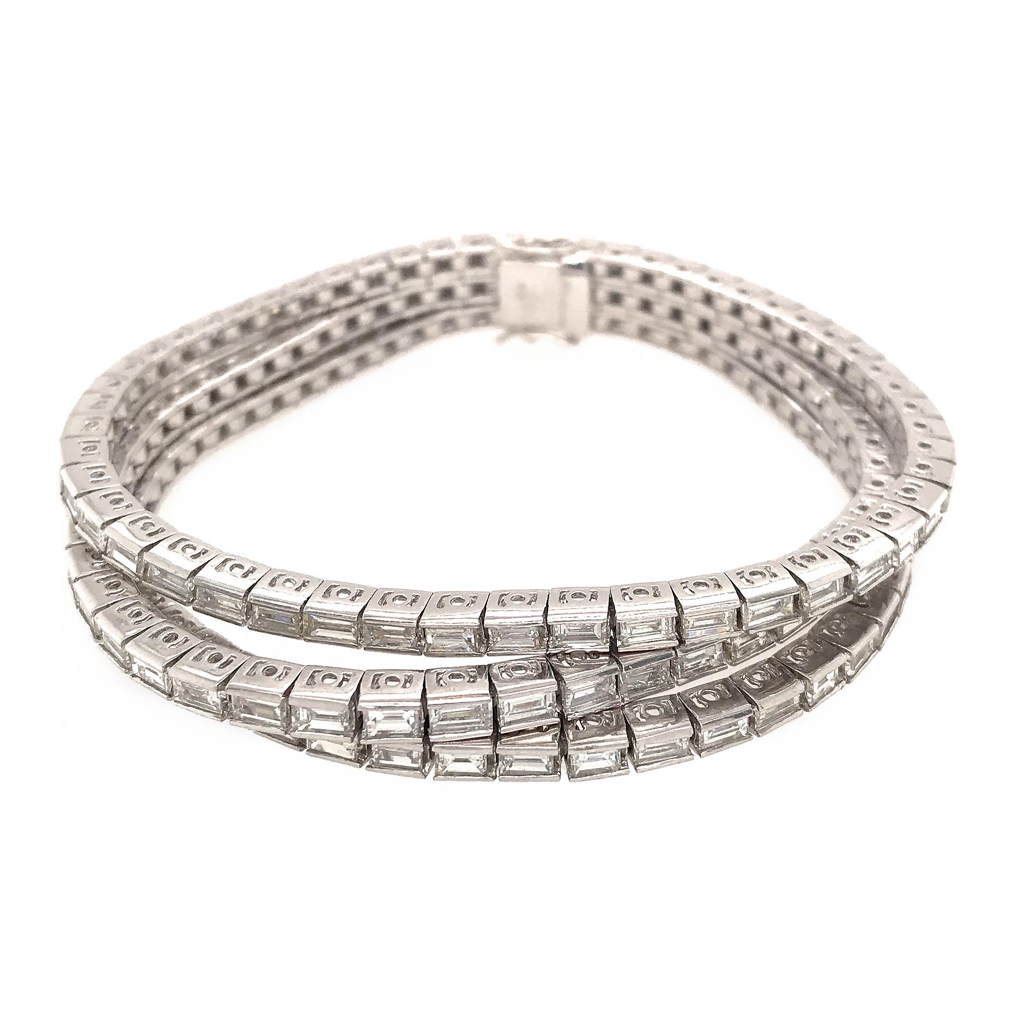 Platinum 3-Row Baguette Diamond Bracelet In Excellent Condition For Sale In New York, NY