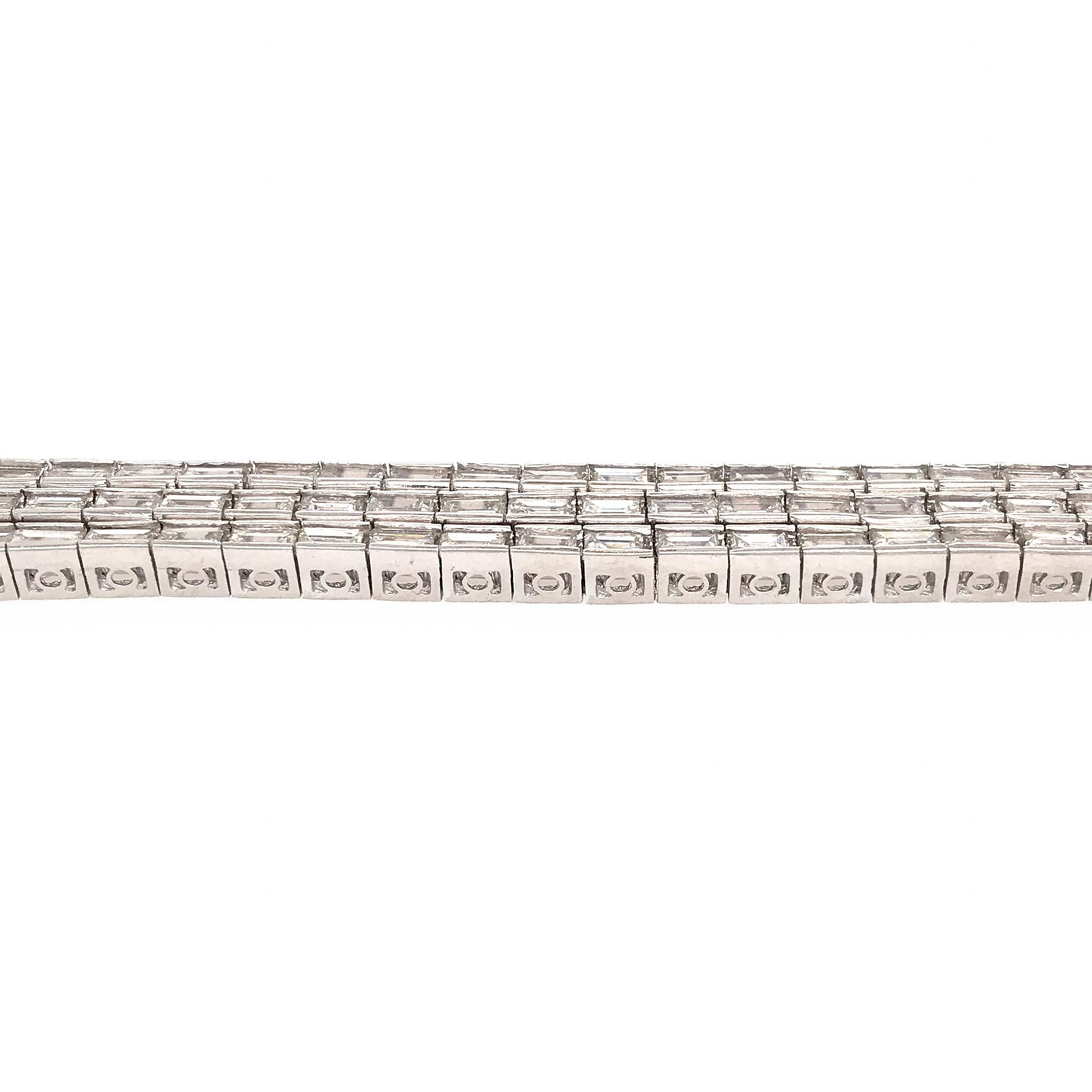 Women's Platinum 3-Row Baguette Diamond Bracelet For Sale