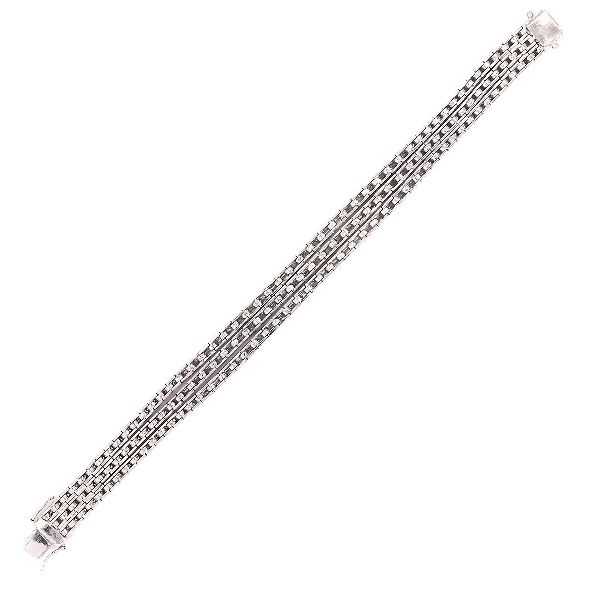 Platinum 3-Row Baguette Diamond Bracelet For Sale 1