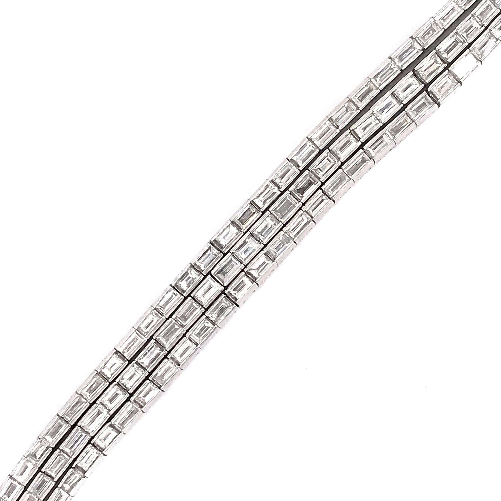 Platinum 3-Row Baguette Diamond Bracelet For Sale 2