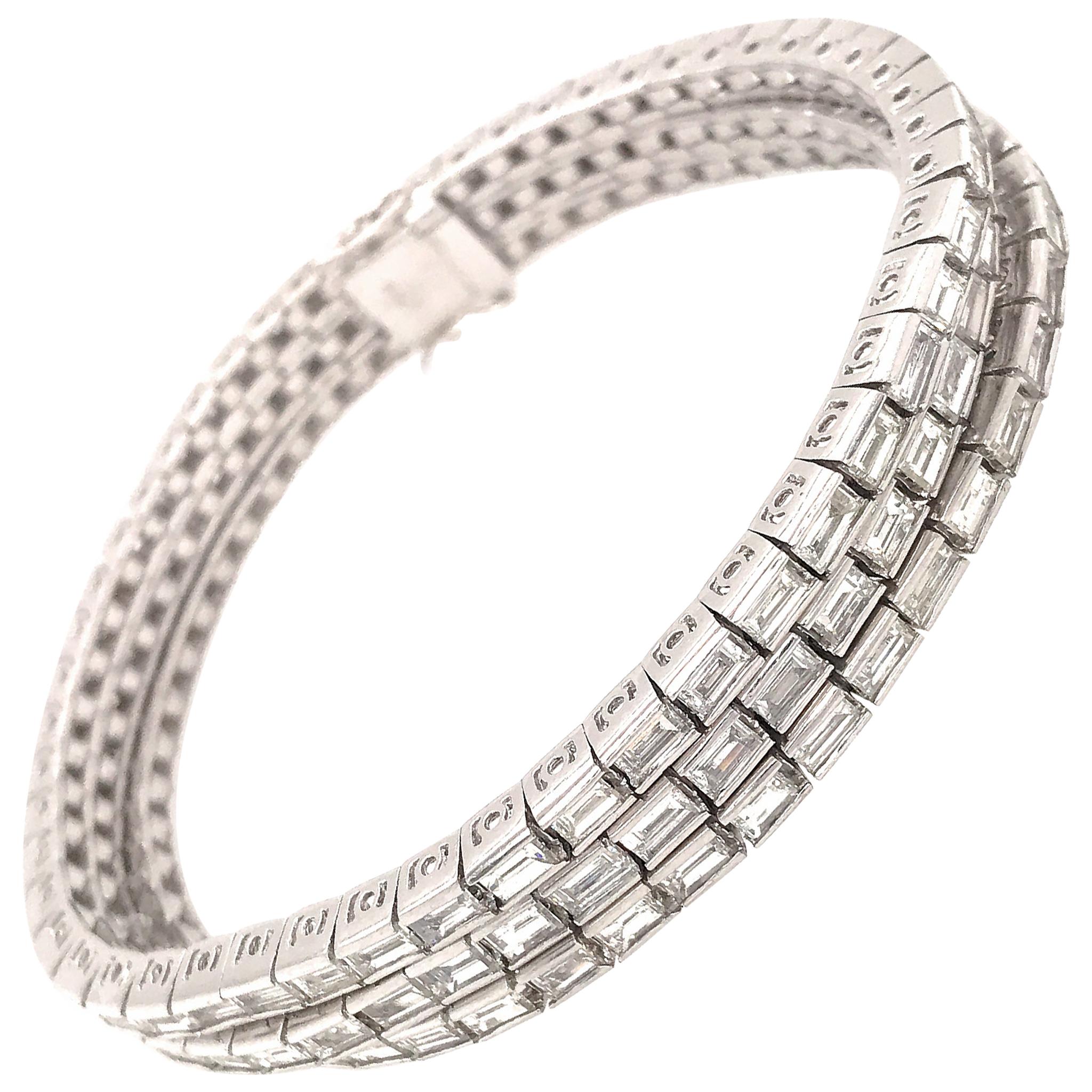 Platinum 3-Row Baguette Diamond Bracelet For Sale