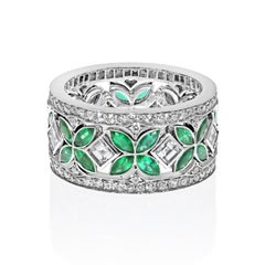 Platinum 3 Stack Emerald And Diamond Cocktail Ring