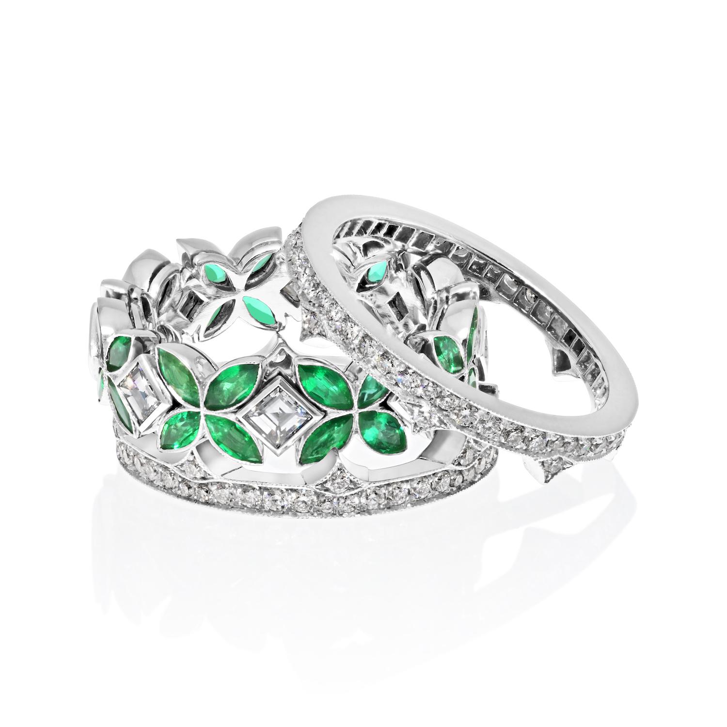 Contemporary Platinum 3 Stack Emerald And Diamond Cocktail Ring For Sale