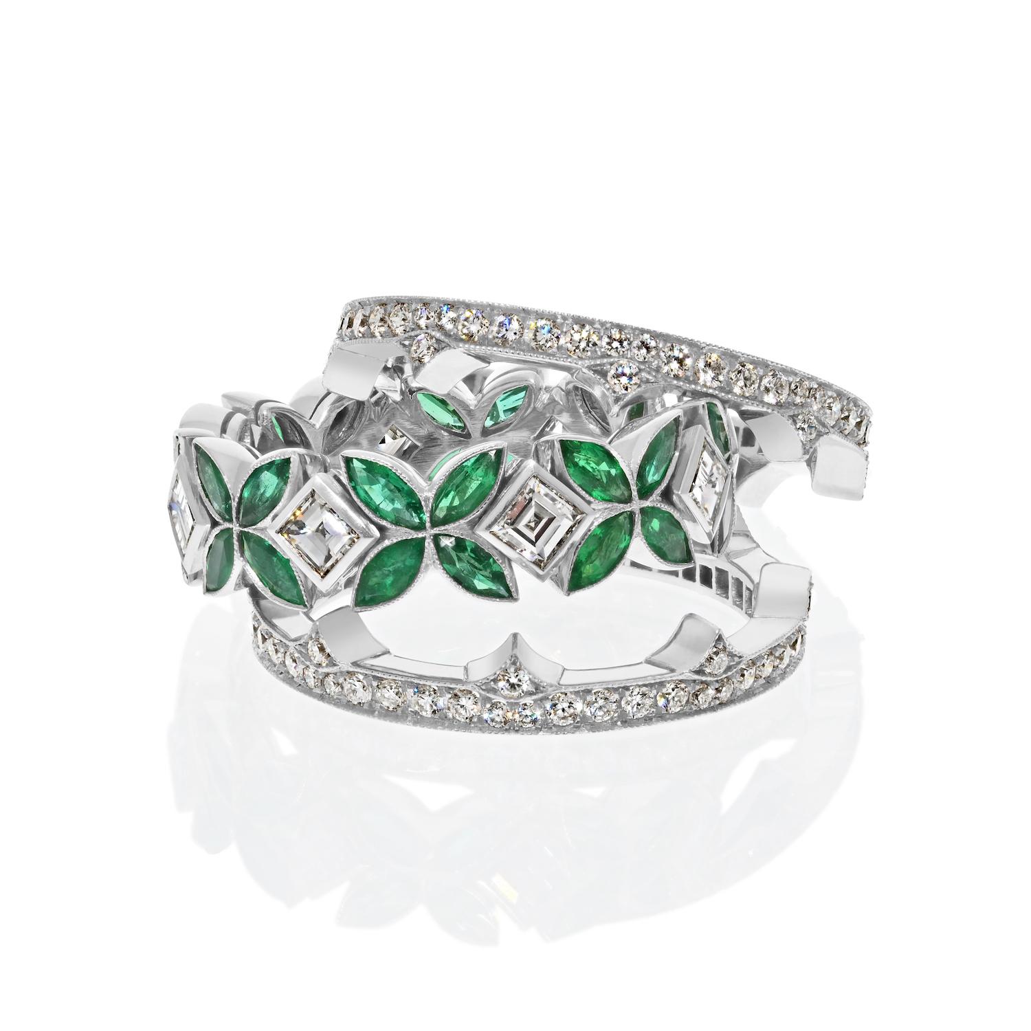 Round Cut Platinum 3 Stack Emerald And Diamond Cocktail Ring For Sale