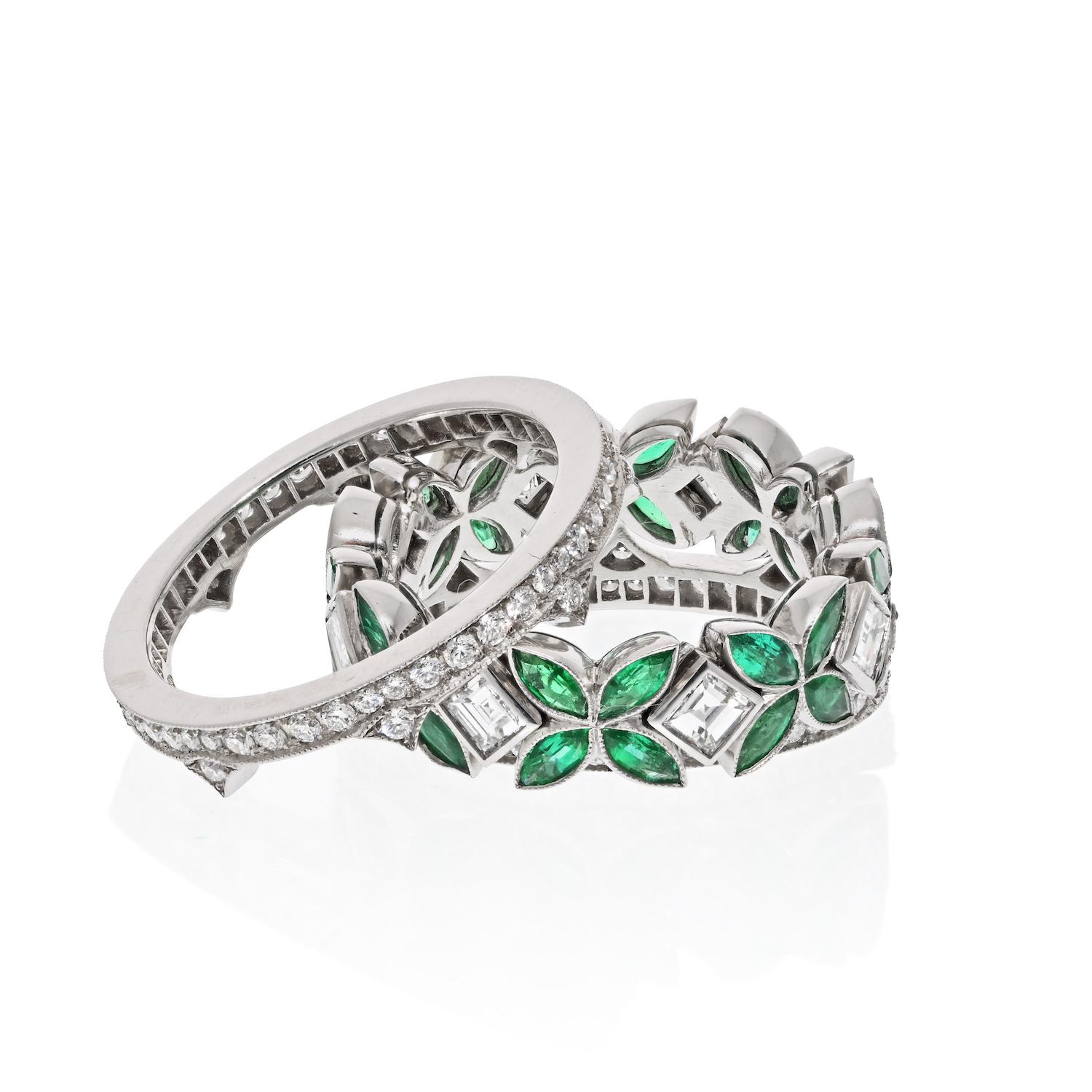 Platinum 3 Stack Emerald And Diamond Cocktail Ring In New Condition For Sale In New York, NY