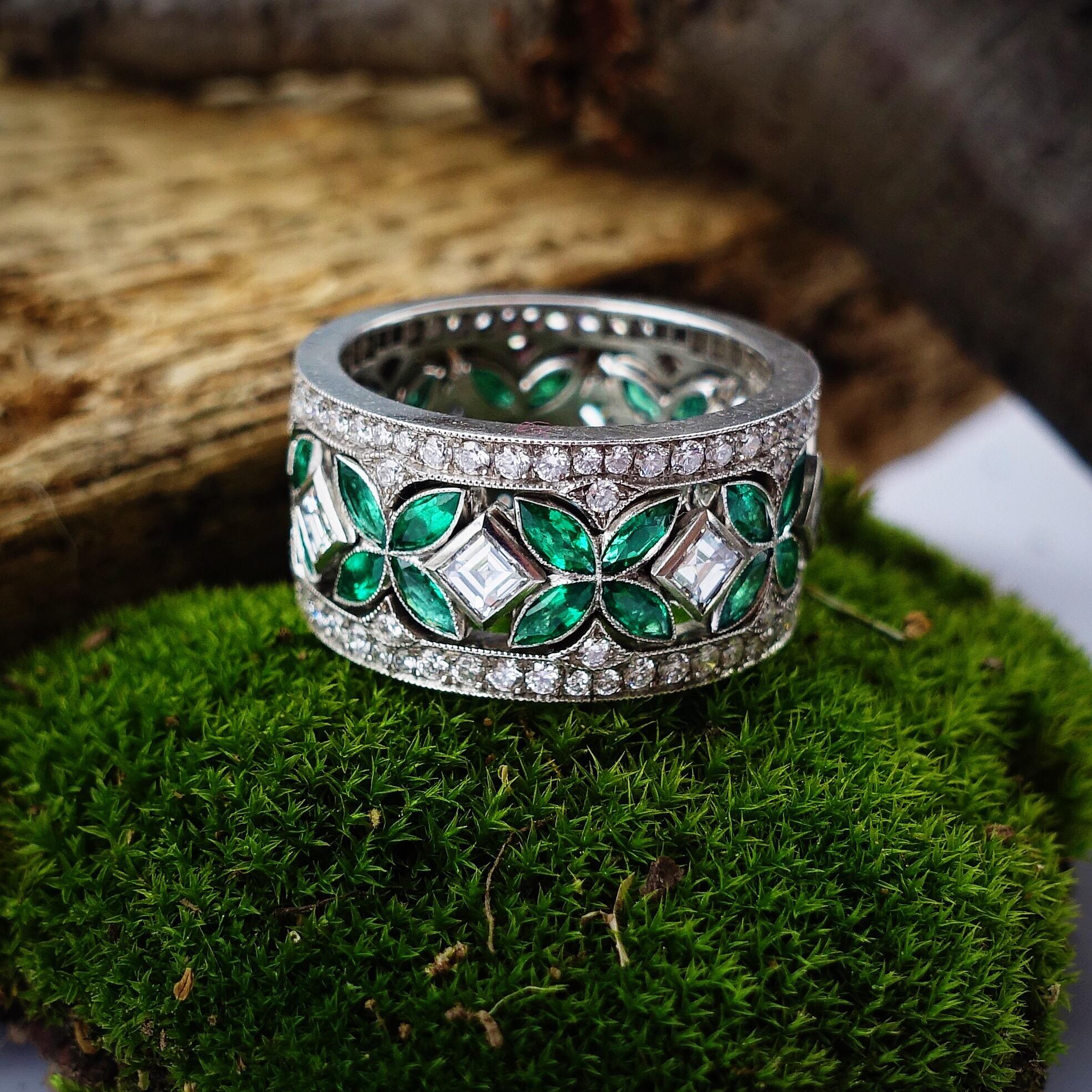 Women's Platinum 3 Stack Emerald And Diamond Cocktail Ring For Sale