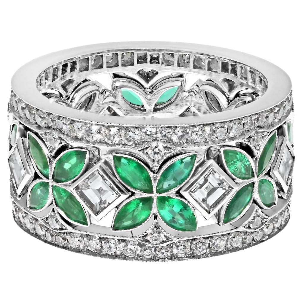 Platinum 3 Stack Emerald And Diamond Cocktail Ring For Sale