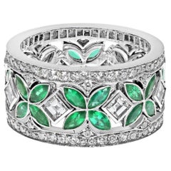 Platinum 3 Stack Emerald And Diamond Cocktail Ring