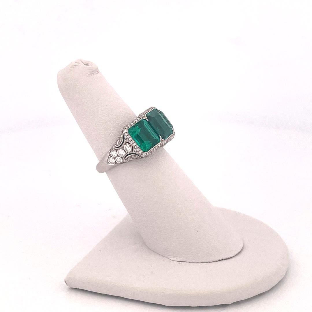 Platinum 3 Stone Colombian Emerald & Diamond Ring For Sale 6