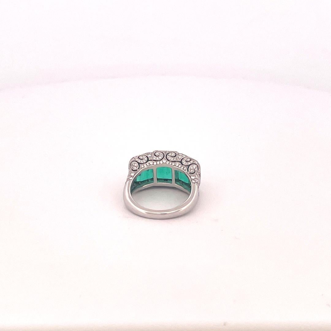 Platinum 3 Stone Colombian Emerald & Diamond Ring For Sale 1