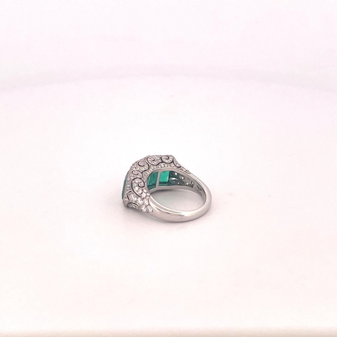 Platinum 3 Stone Colombian Emerald & Diamond Ring For Sale 2