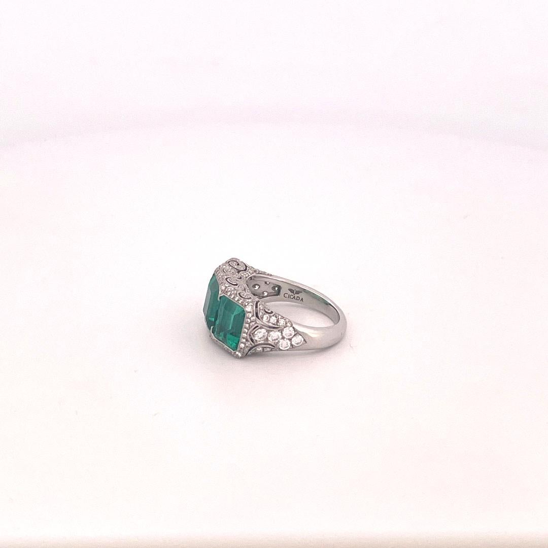 Platinum 3 Stone Colombian Emerald & Diamond Ring For Sale 3