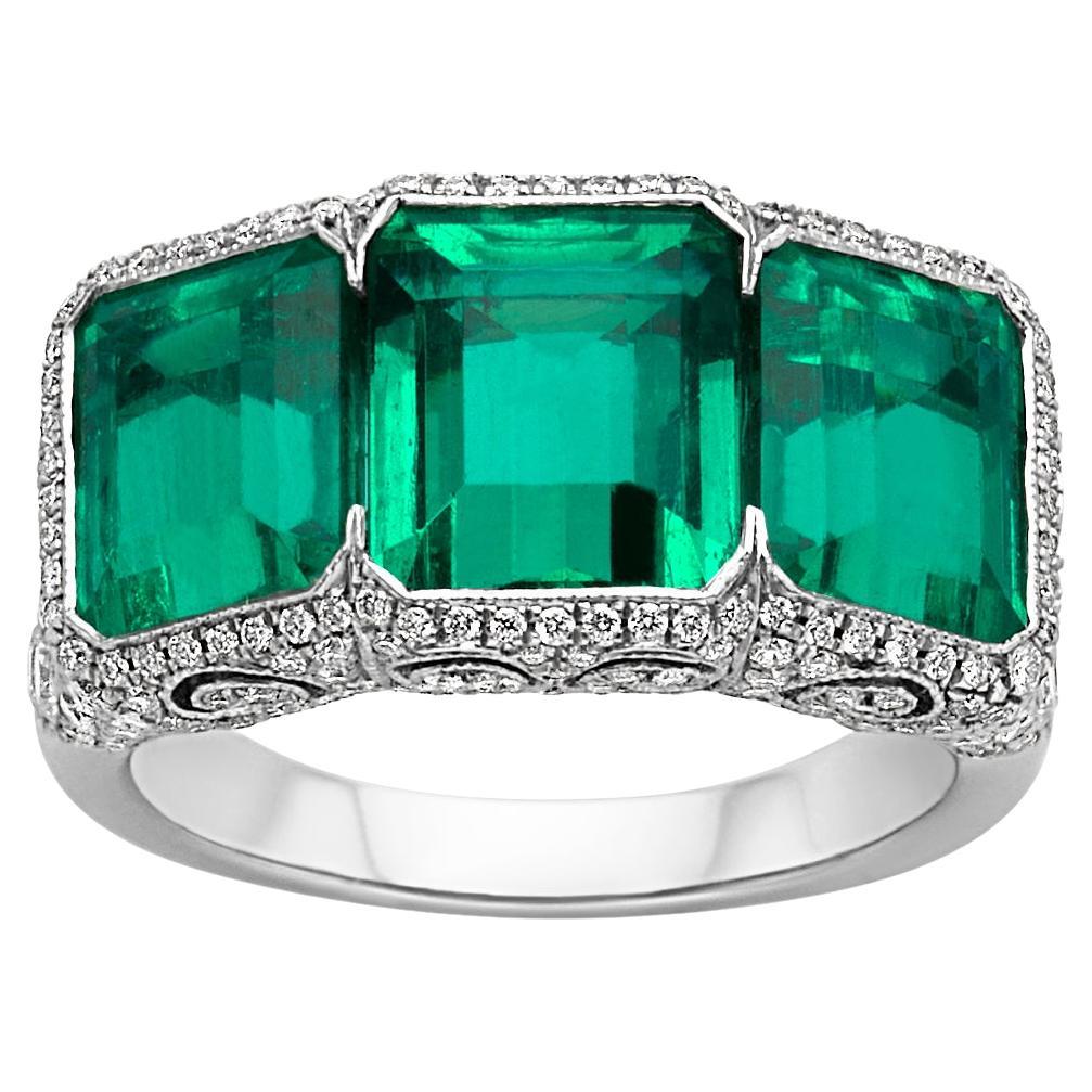 Platinum 3 Stone Colombian Emerald & Diamond Ring