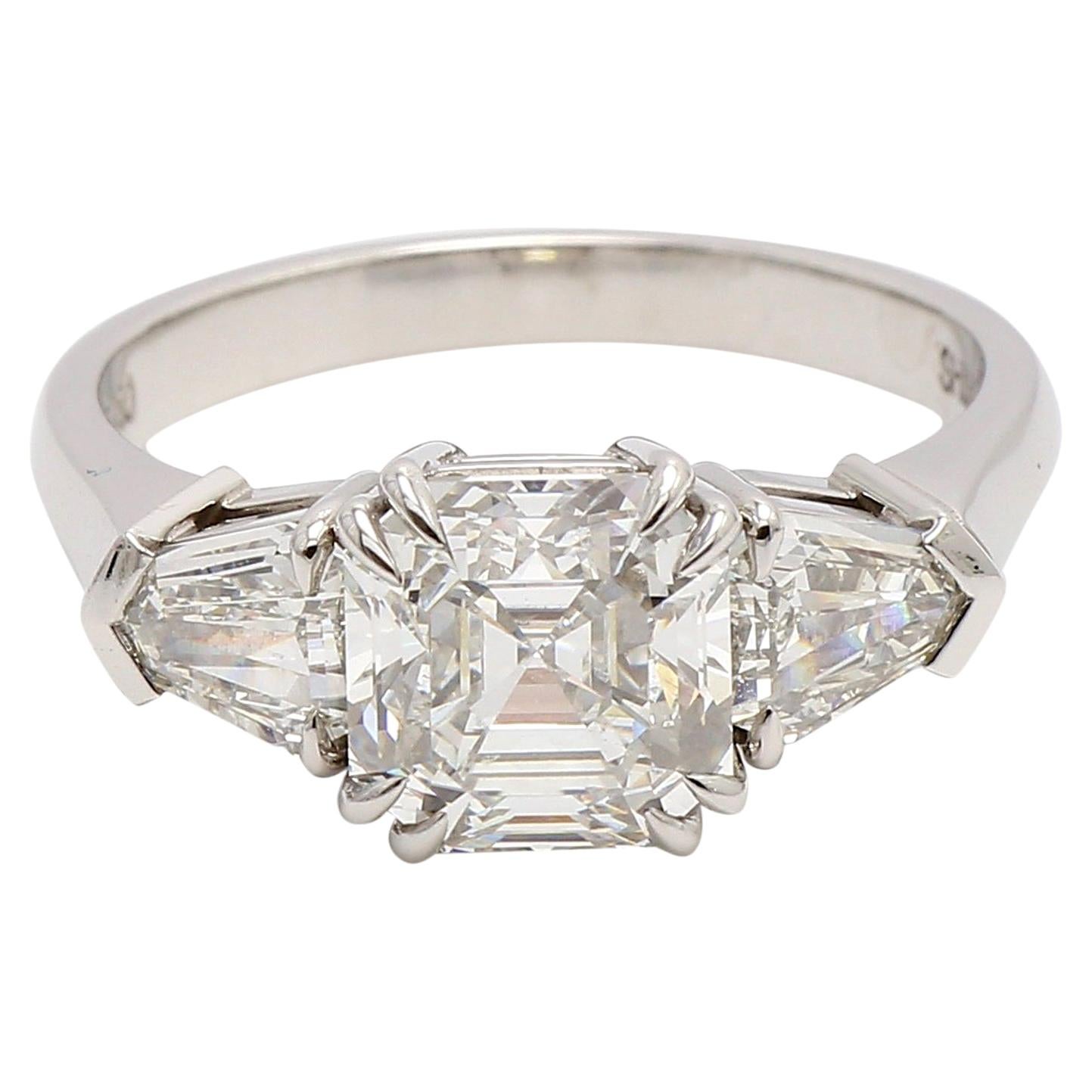 Platinum 3-Stone Diamond Engagement Ring Asscher Cut Diamond For Sale