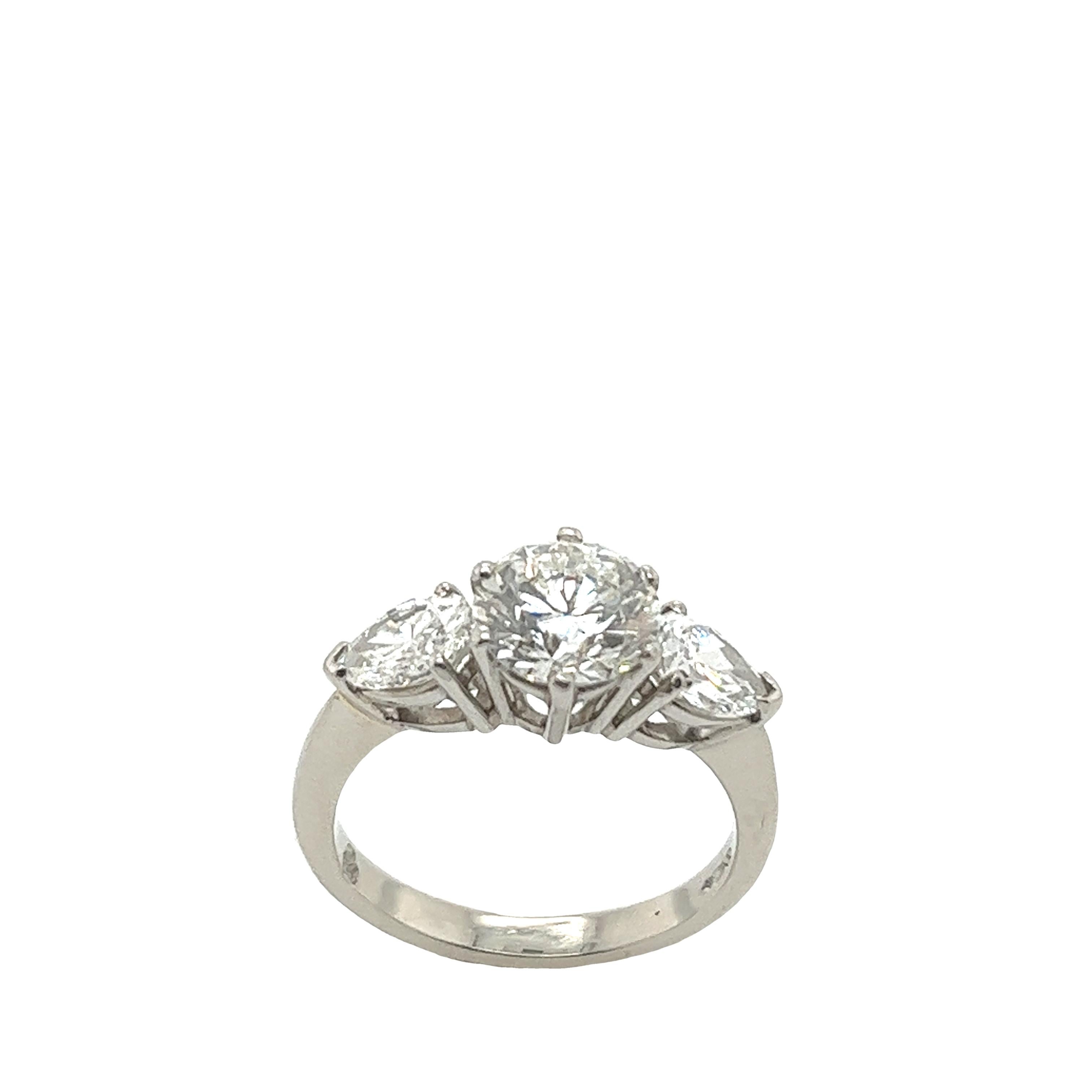 Pear Cut Platinum 3-Stone Diamond Ring Set With 1.29ct&0.85ct Round & Pear Shape Diamonds