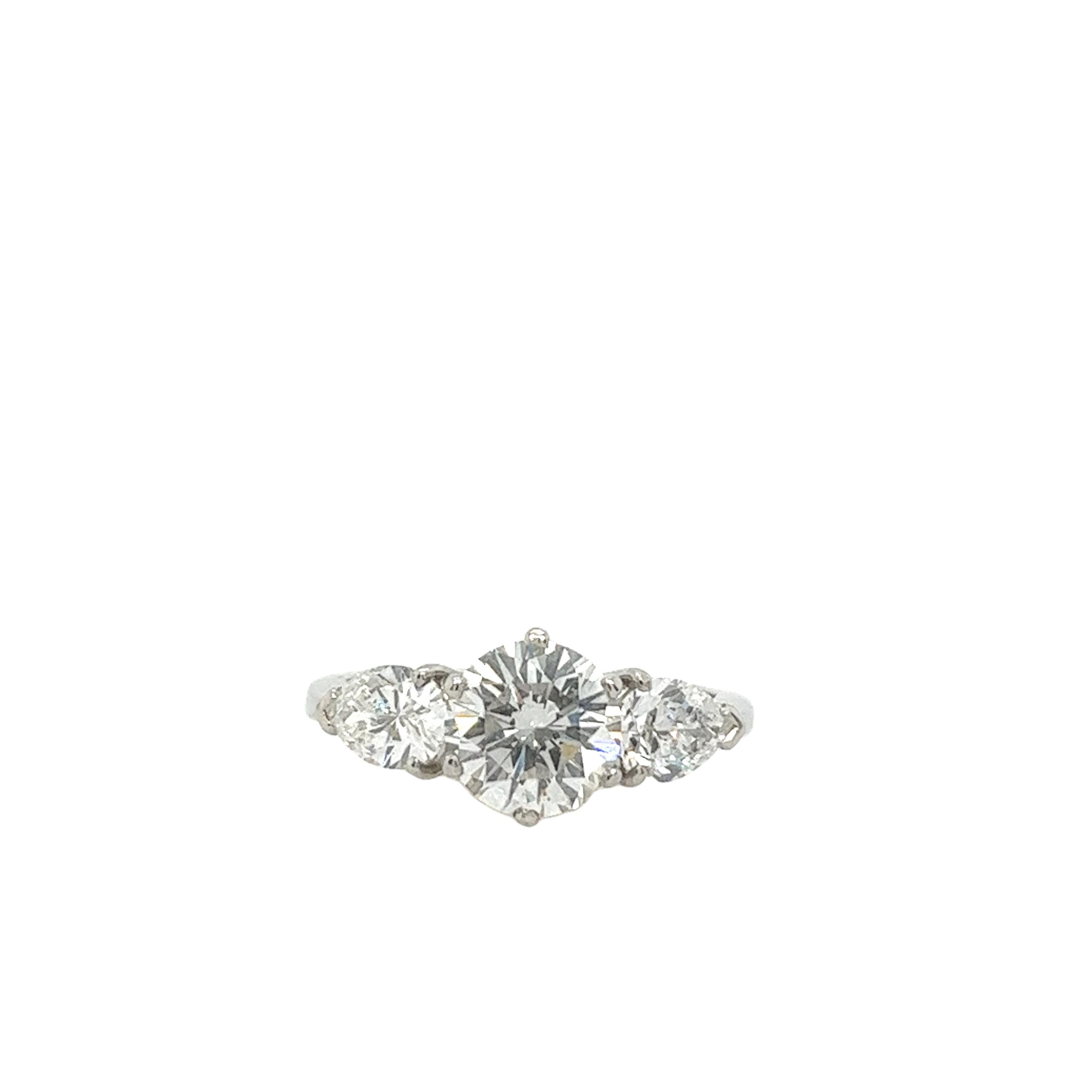 Platinum 3-Stone Diamond Ring Set With 1.29ct&0.85ct Round & Pear Shape Diamonds 2