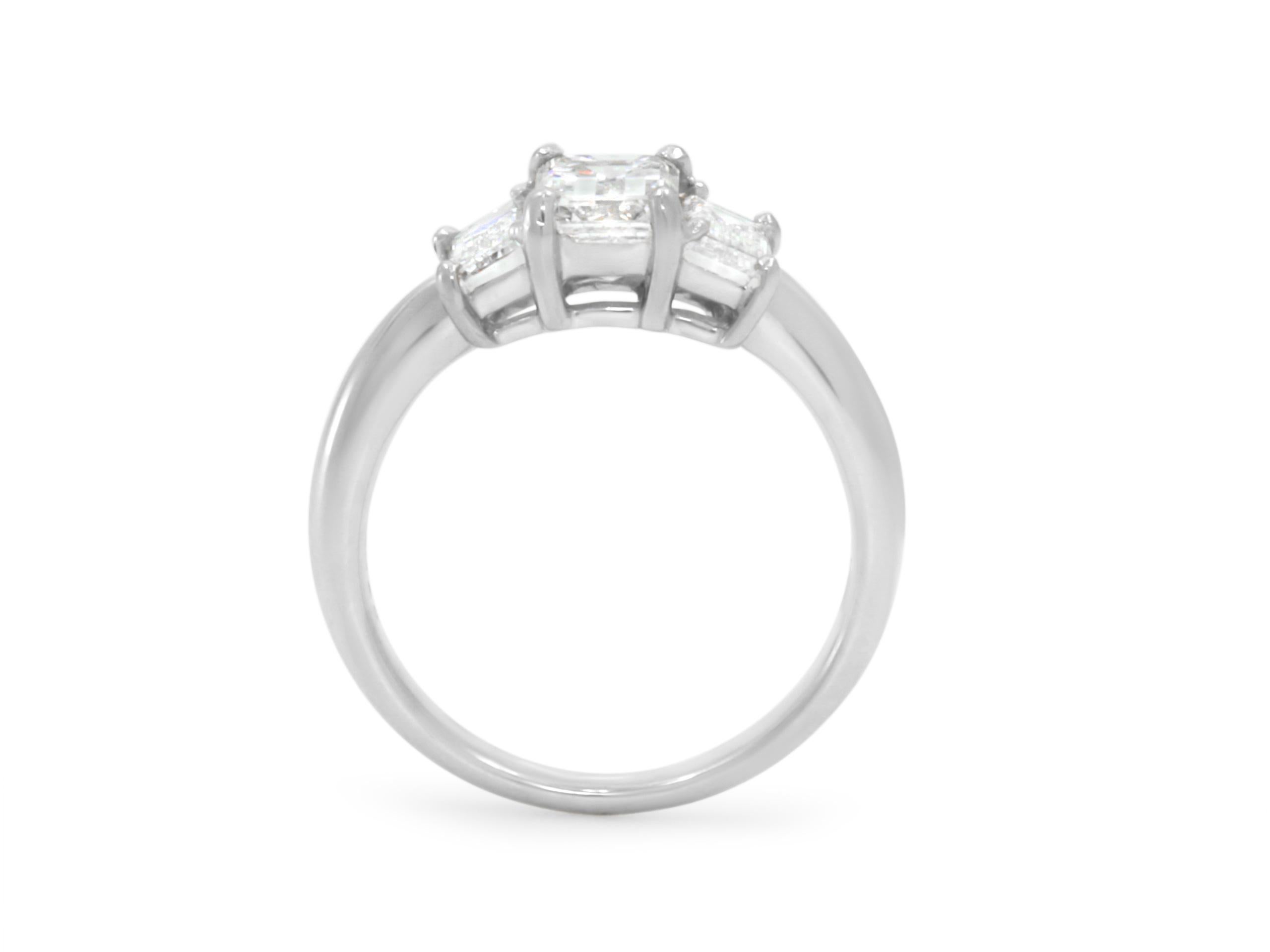 Platinum 3-Stone Emerald Cut Diamond Ring, 1.83 Carats Total In Good Condition For Sale In Beverly Hills, CA