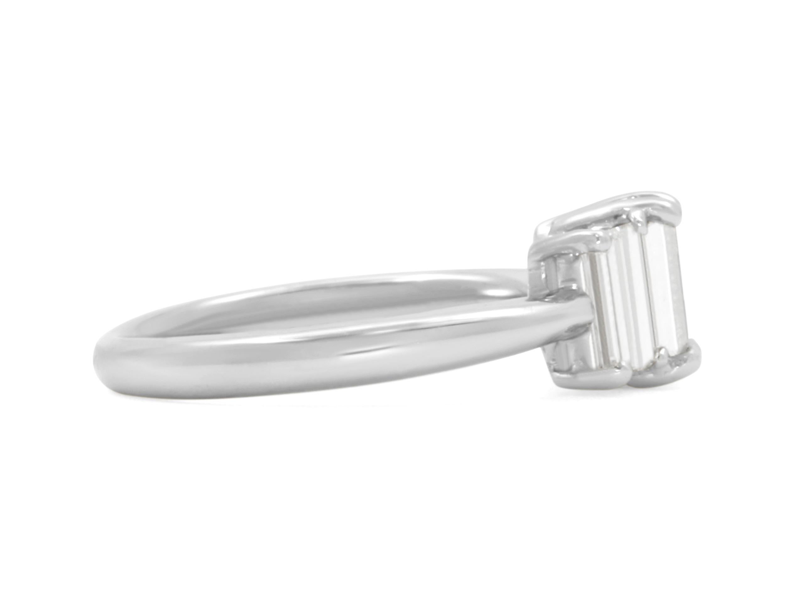 Women's Platinum 3-Stone Emerald Cut Diamond Ring, 1.83 Carats Total For Sale