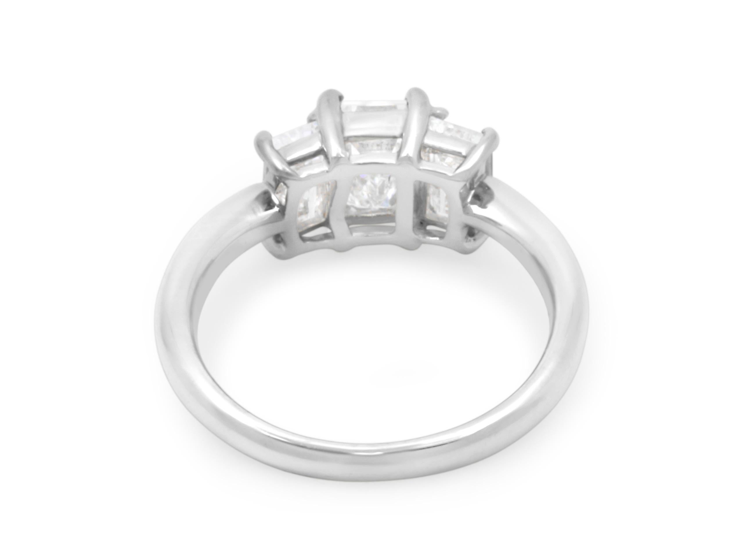 Platinum 3-Stone Emerald Cut Diamond Ring, 1.83 Carats Total For Sale 1