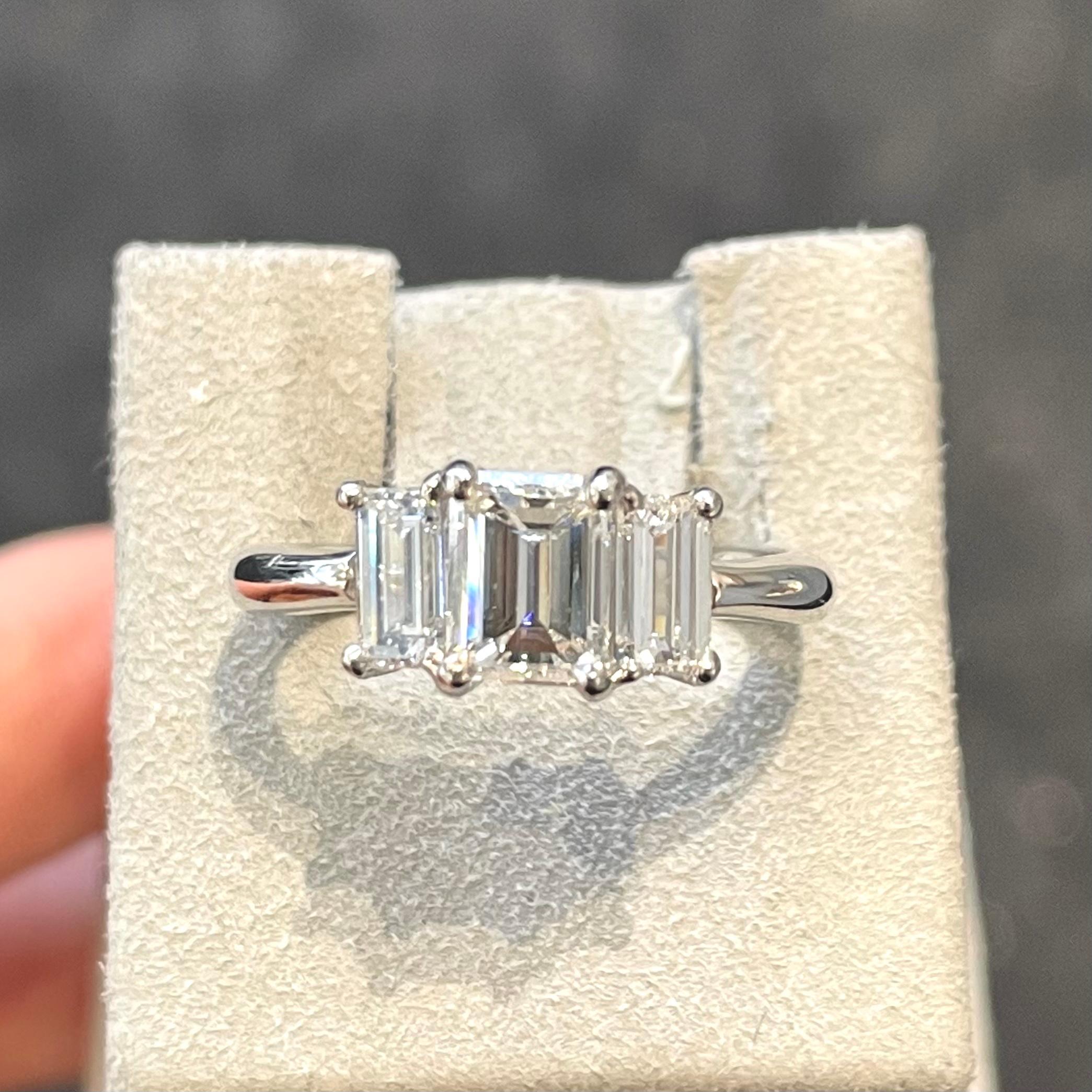 Platinum 3-Stone Emerald Cut Diamond Ring, 1.83 Carats Total For Sale 2
