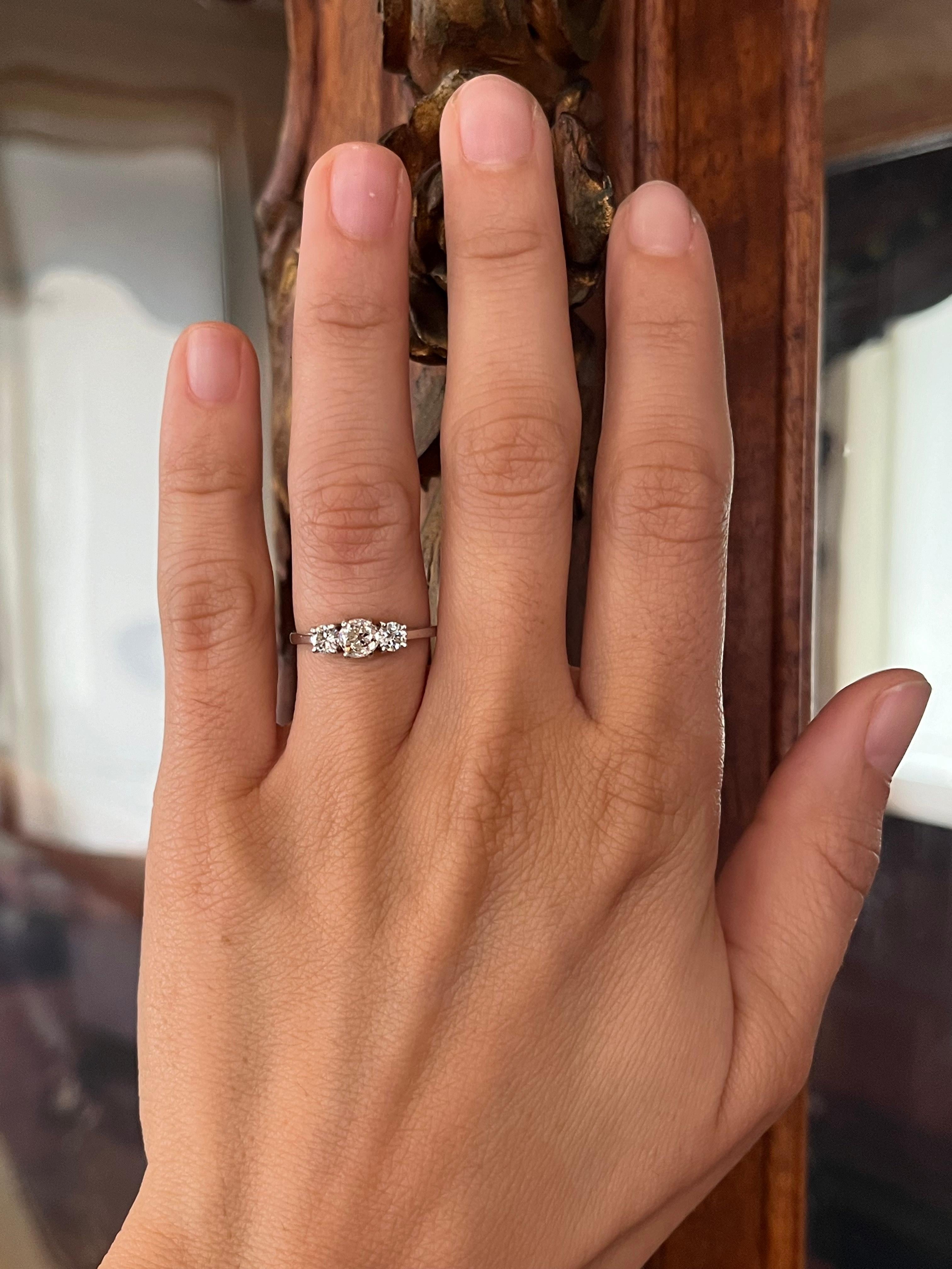 Modern Platinum 3-Stone Engagement Ring – 0.78ct Old Mine & Round Diamonds in Platinum For Sale