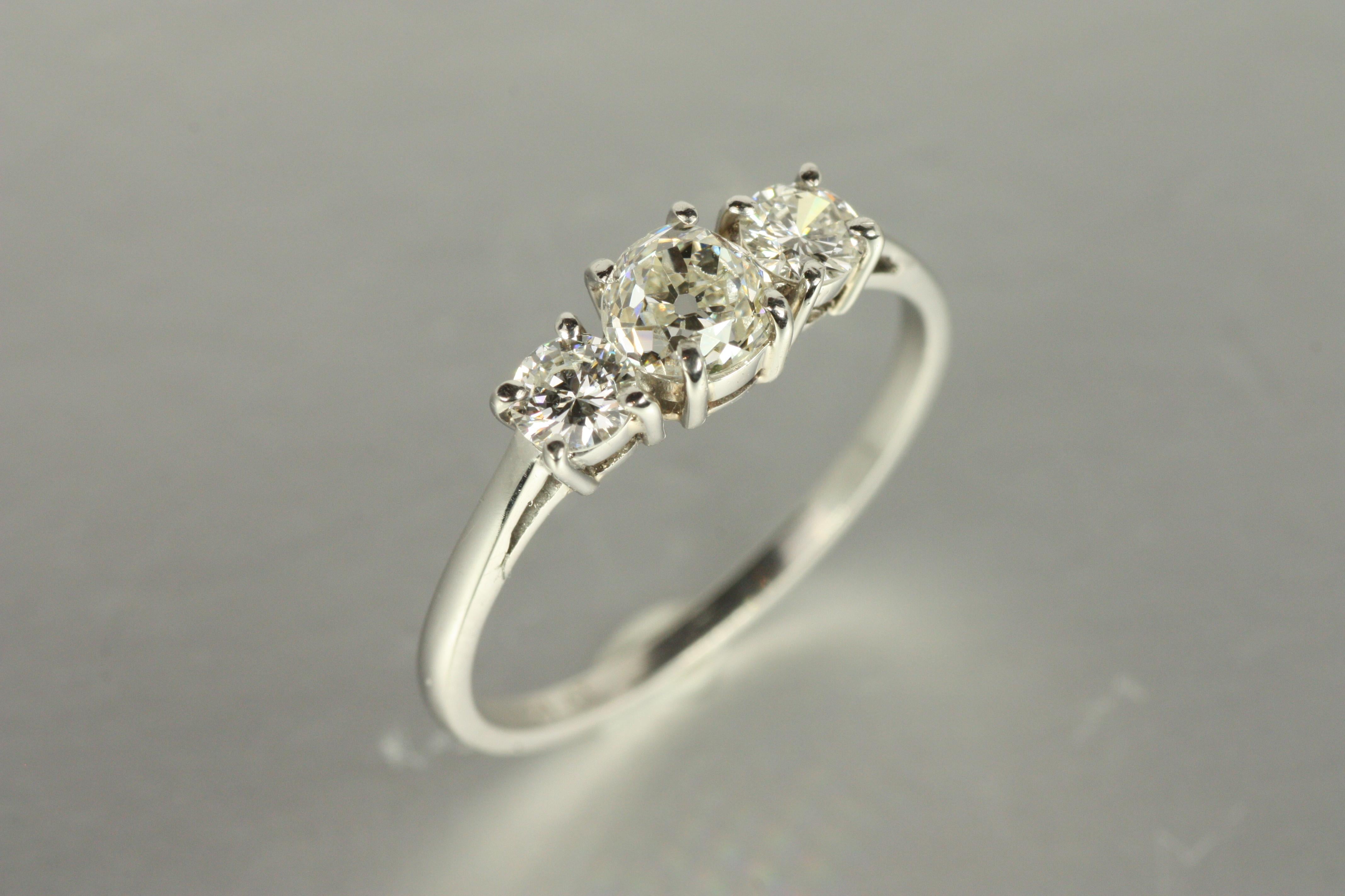 Old Mine Cut Platinum 3-Stone Engagement Ring – 0.78ct Old Mine & Round Diamonds in Platinum For Sale
