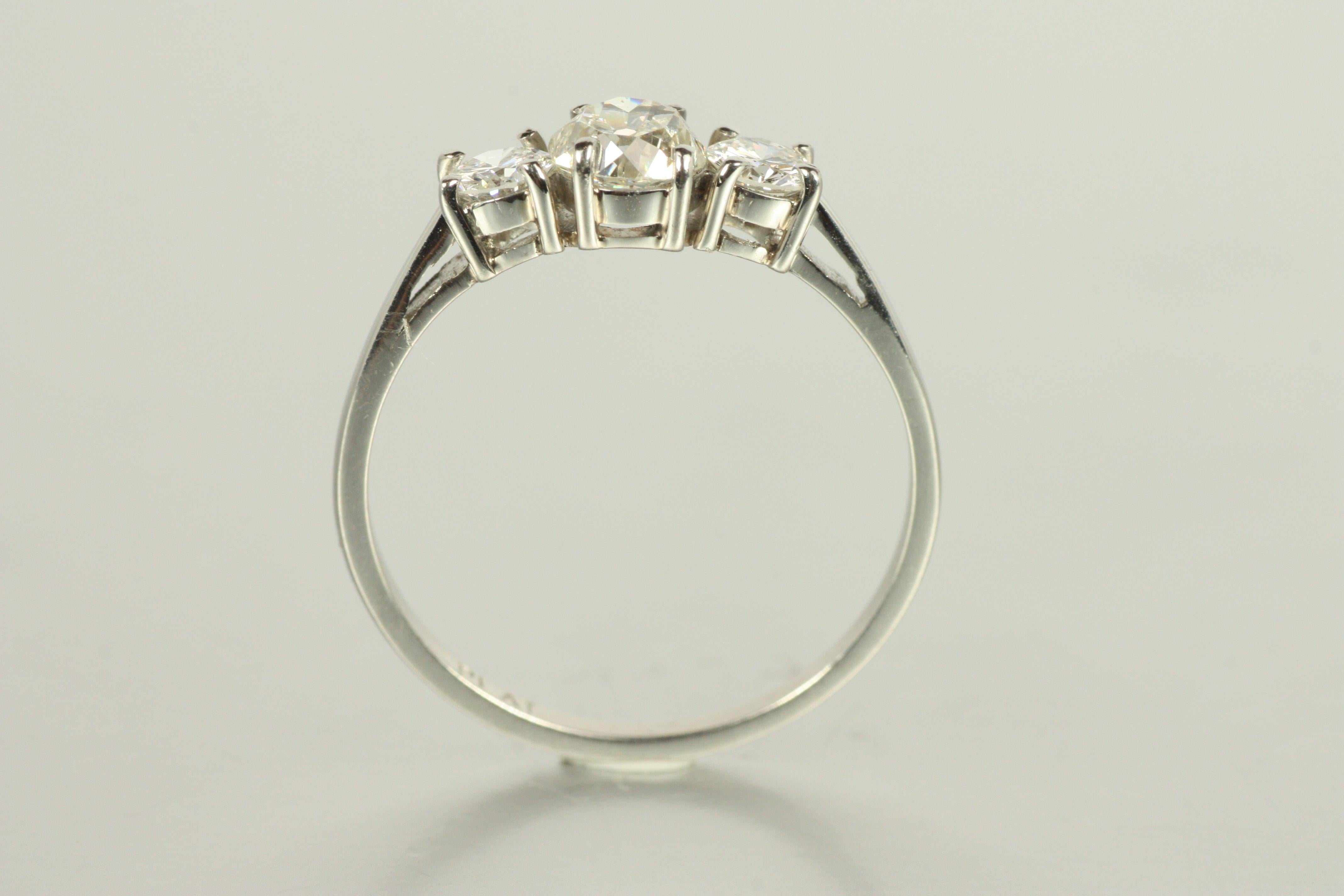 Platinum 3-Stone Engagement Ring – 0.78ct Old Mine & Round Diamonds in Platinum For Sale 1