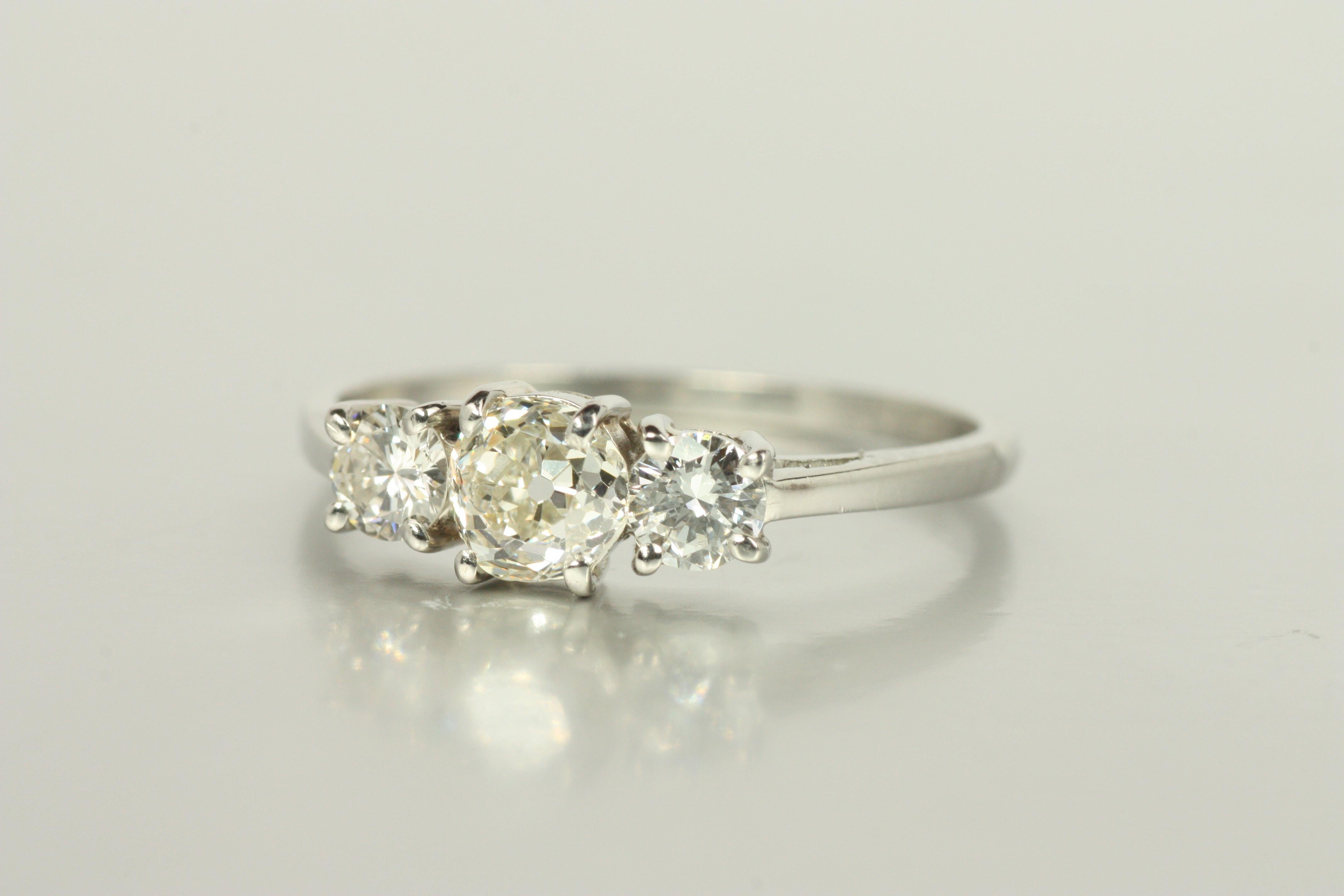 Platinum 3-Stone Engagement Ring – 0.78ct Old Mine & Round Diamonds in Platinum For Sale 2