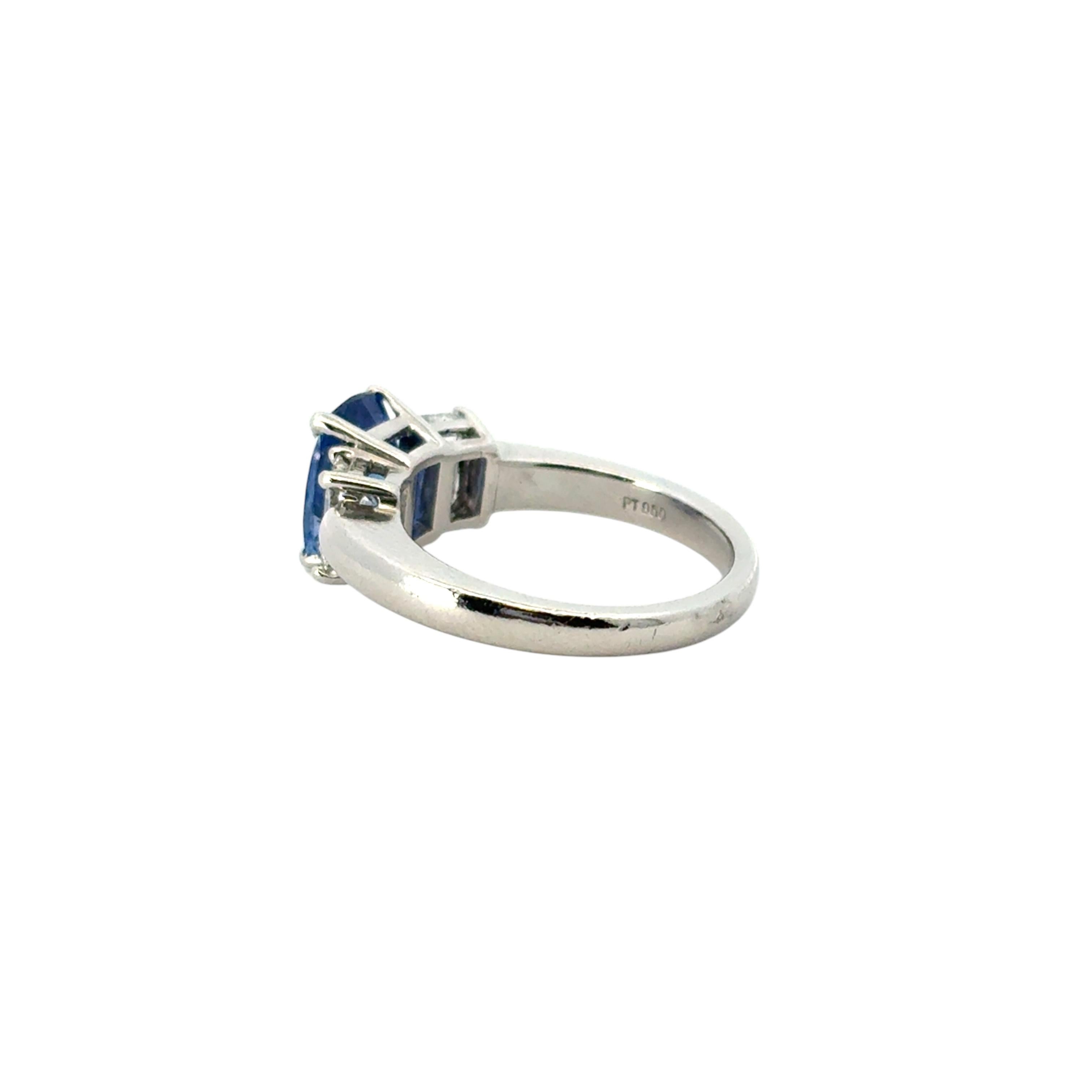Platinum 3 Stone Ring set with Natural Cushion Blue Sapphire and Side Diamonds For Sale 4