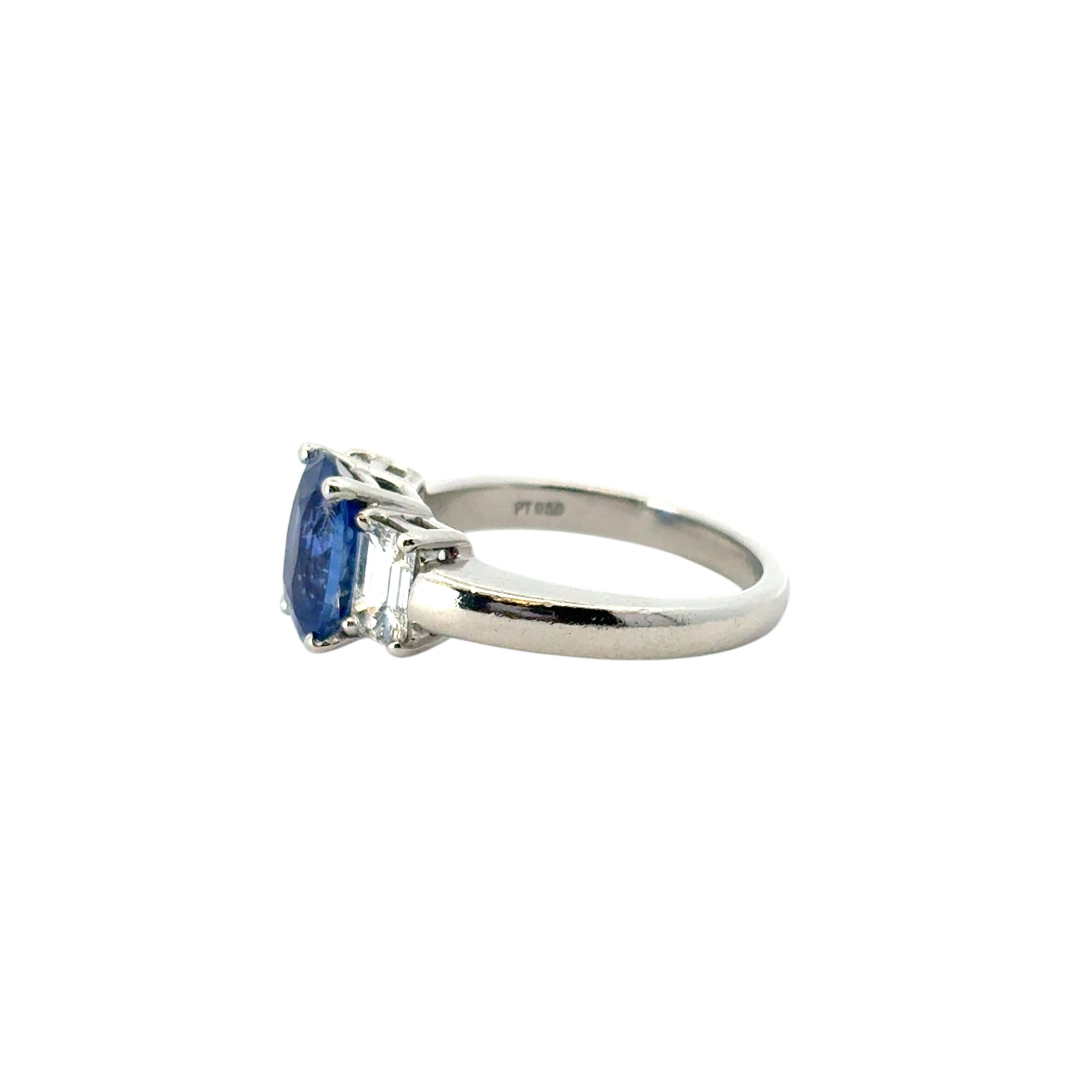 Platinum 3 Stone Ring set with Natural Cushion Blue Sapphire and Side Diamonds For Sale 7