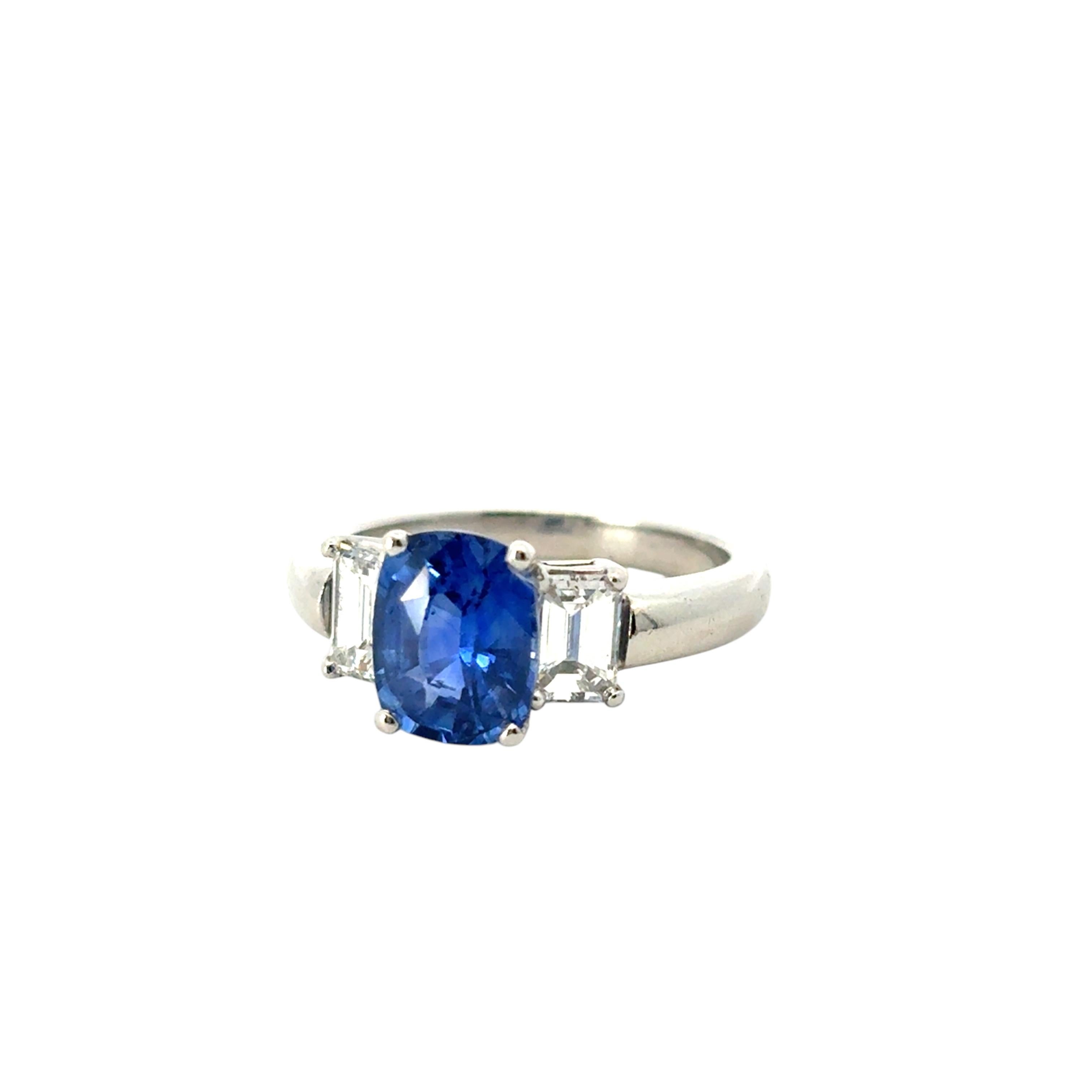 Platinum 3 Stone Ring set with Natural Cushion Blue Sapphire and Side Diamonds For Sale 10