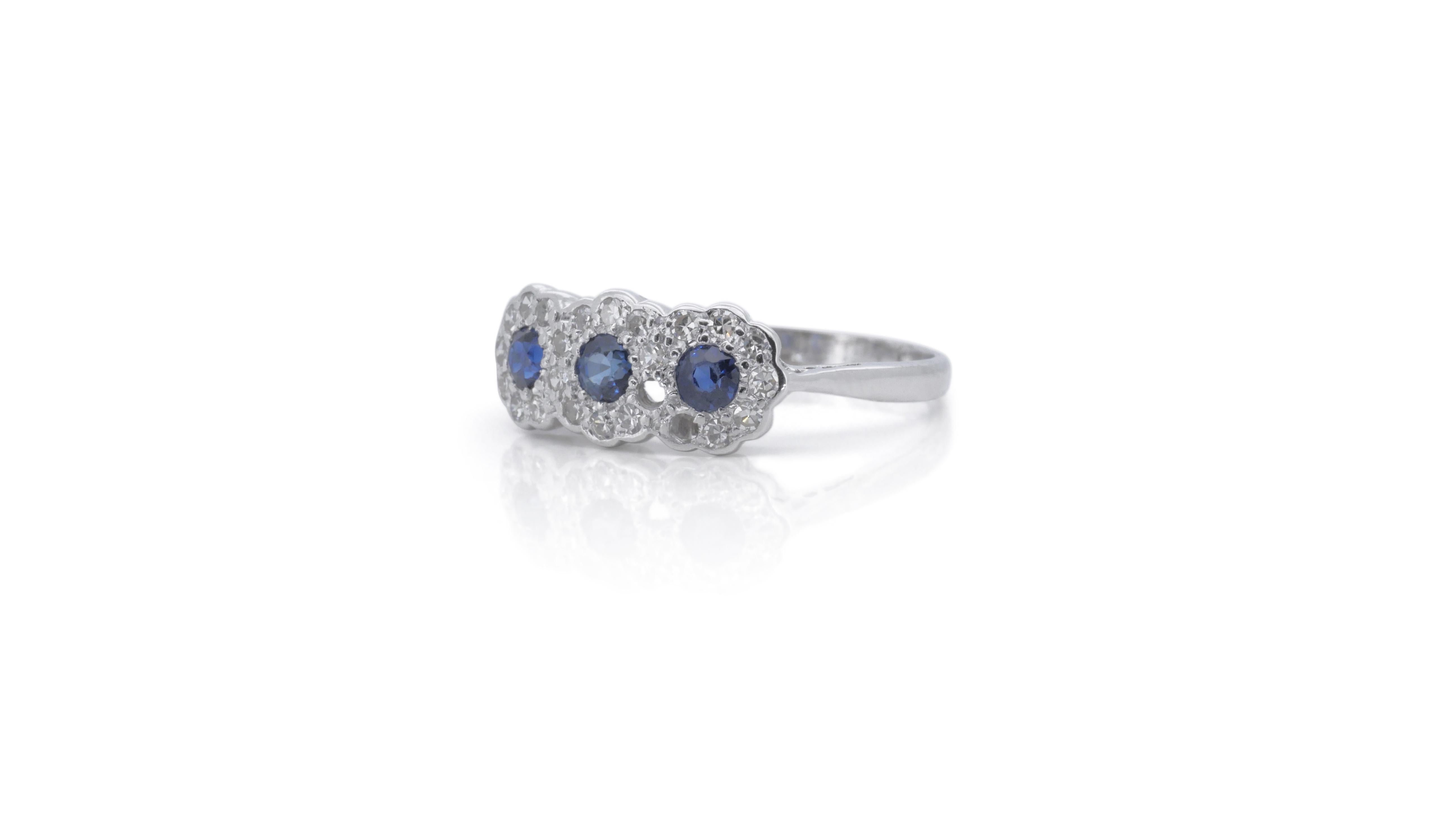 Round Cut Platinum 3 Stone Ring with 0.5 Carat Natural Sapphire and Diamonds NGI Cert