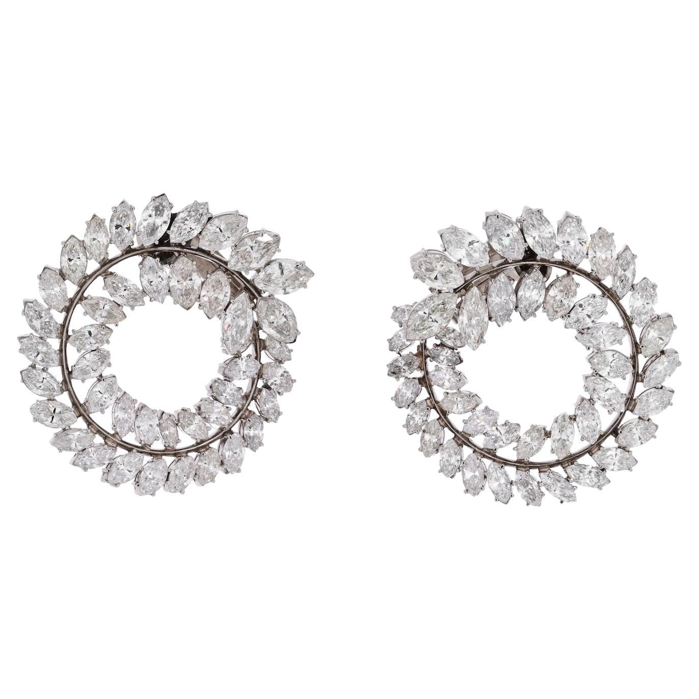 Platinum 30 Carat Marquise Diamond Swirl Earrings For Sale