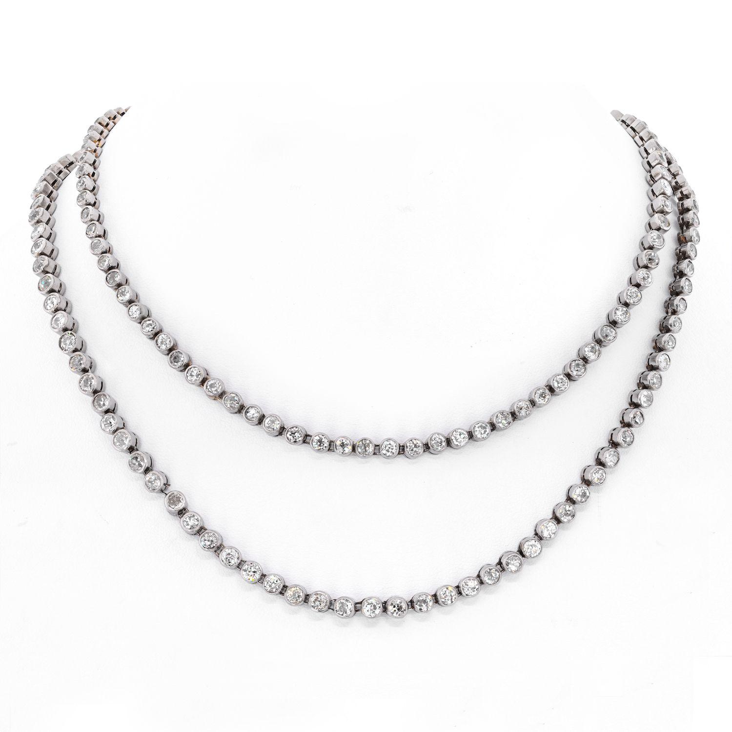 We promise you this is something that you have never seen before! A long platinum diamond tennis necklace mounted with 175 old cut diamonds. 30 carats in old world cut round cuts that glisten in every light including candle light. 
A very special