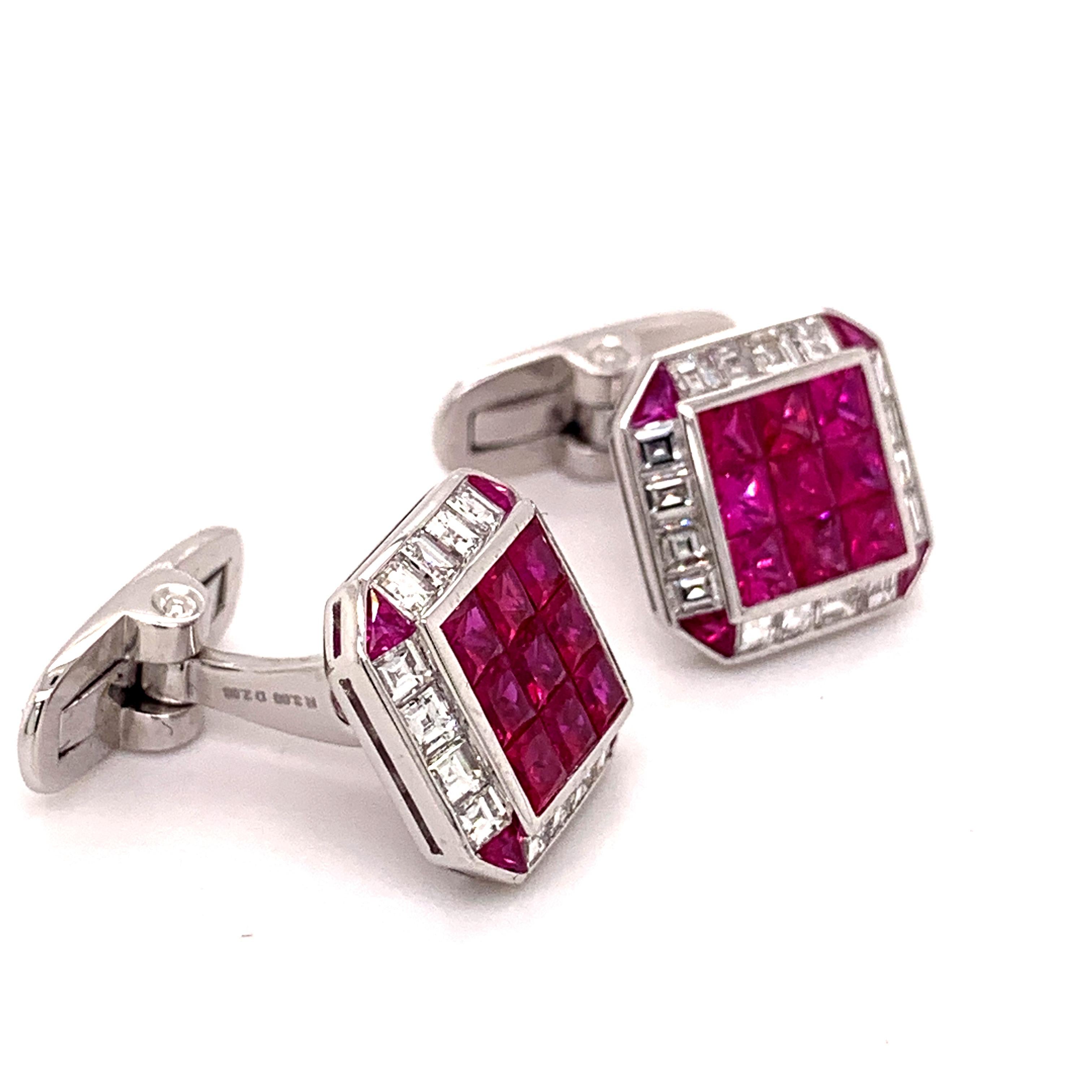 Square Cut Sophia D 3.00 Carat Ruby and Diamond Cufflinks For Sale