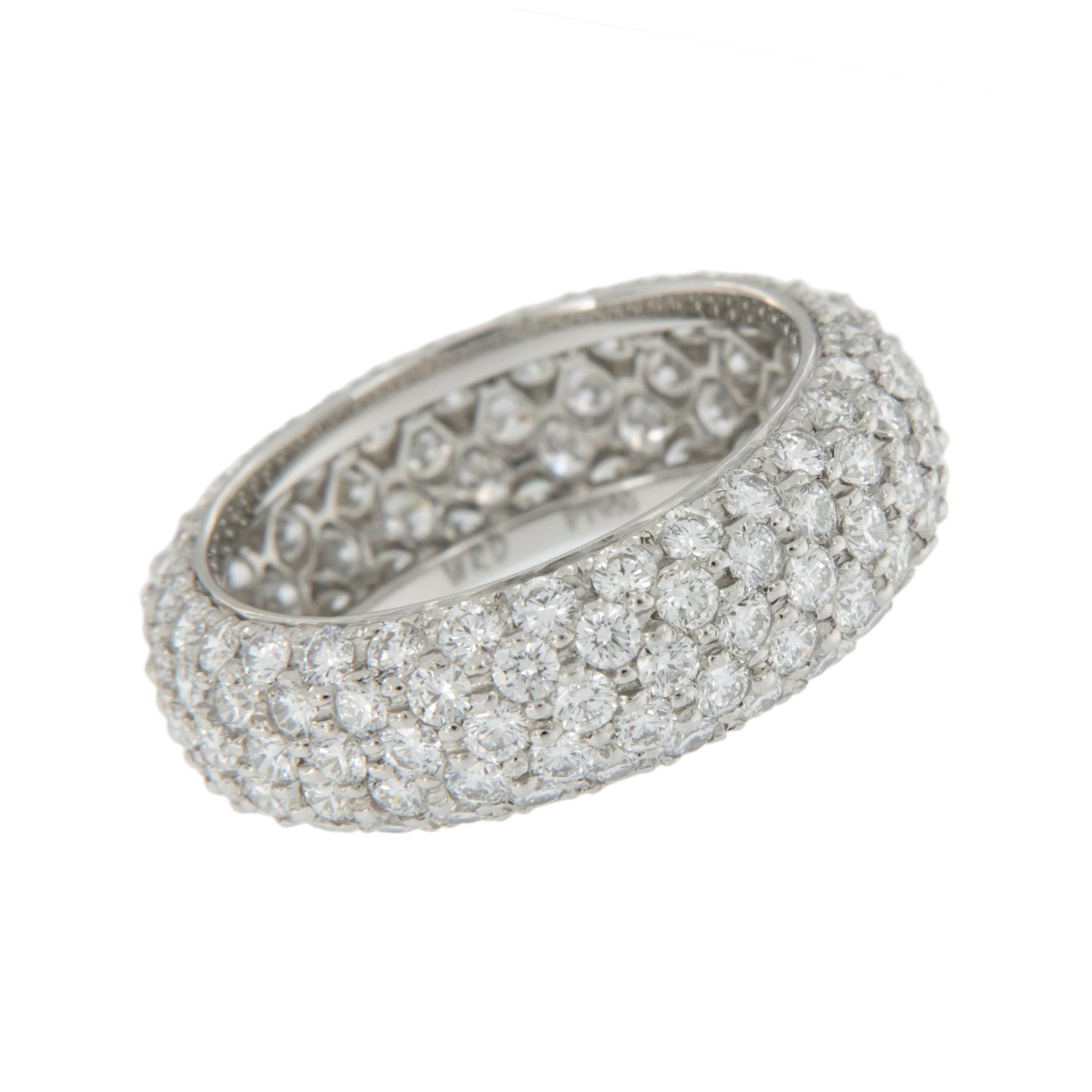 Handmade in New York City with absolutely the finest diamonds and noble platinum this eternity band by William Rosenberg is impressive with 3 rows pave' set round brilliant diamonds = 3.00 Cttw. These exceptional diamonds are of VVS clarity & D-F