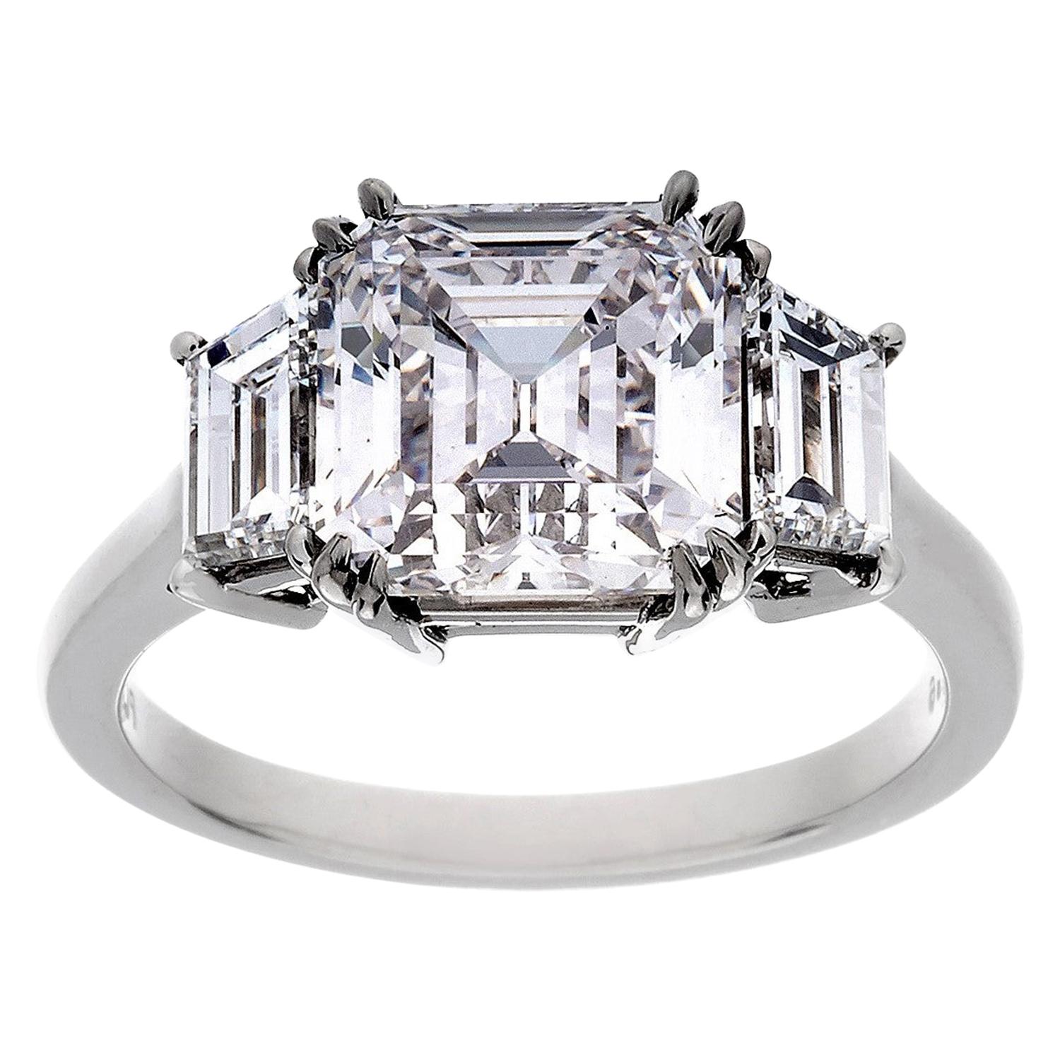 Platinum 3.01 Carat Assher Cut Diamond 3-Stone Ring, GIA, F Color, VVS1 Clarity For Sale