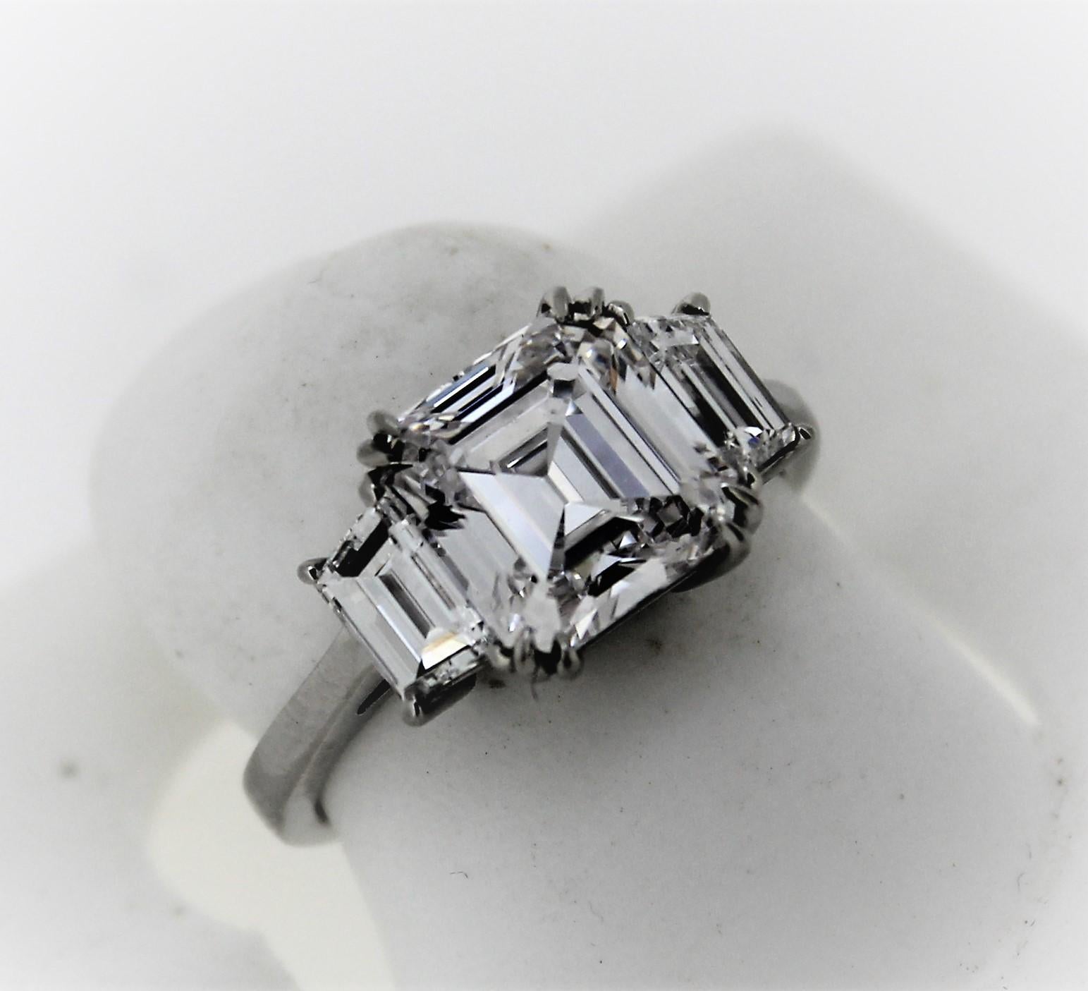 Asscher Cut Platinum 3.01 Carat Assher Cut Diamond 3-Stone Ring, GIA, F Color, VVS1 Clarity For Sale