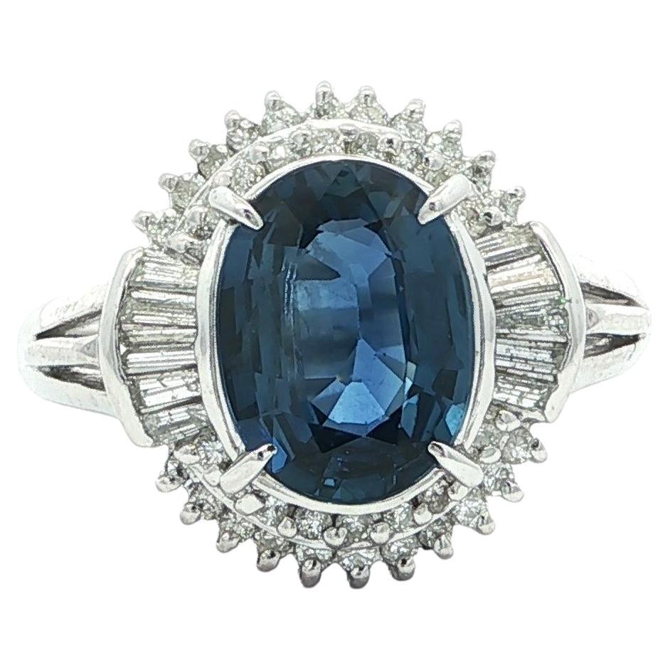 Platin 3,02ctw Oval Blauer Saphir w / Runde & Baguette Diamant Ballerina Ring