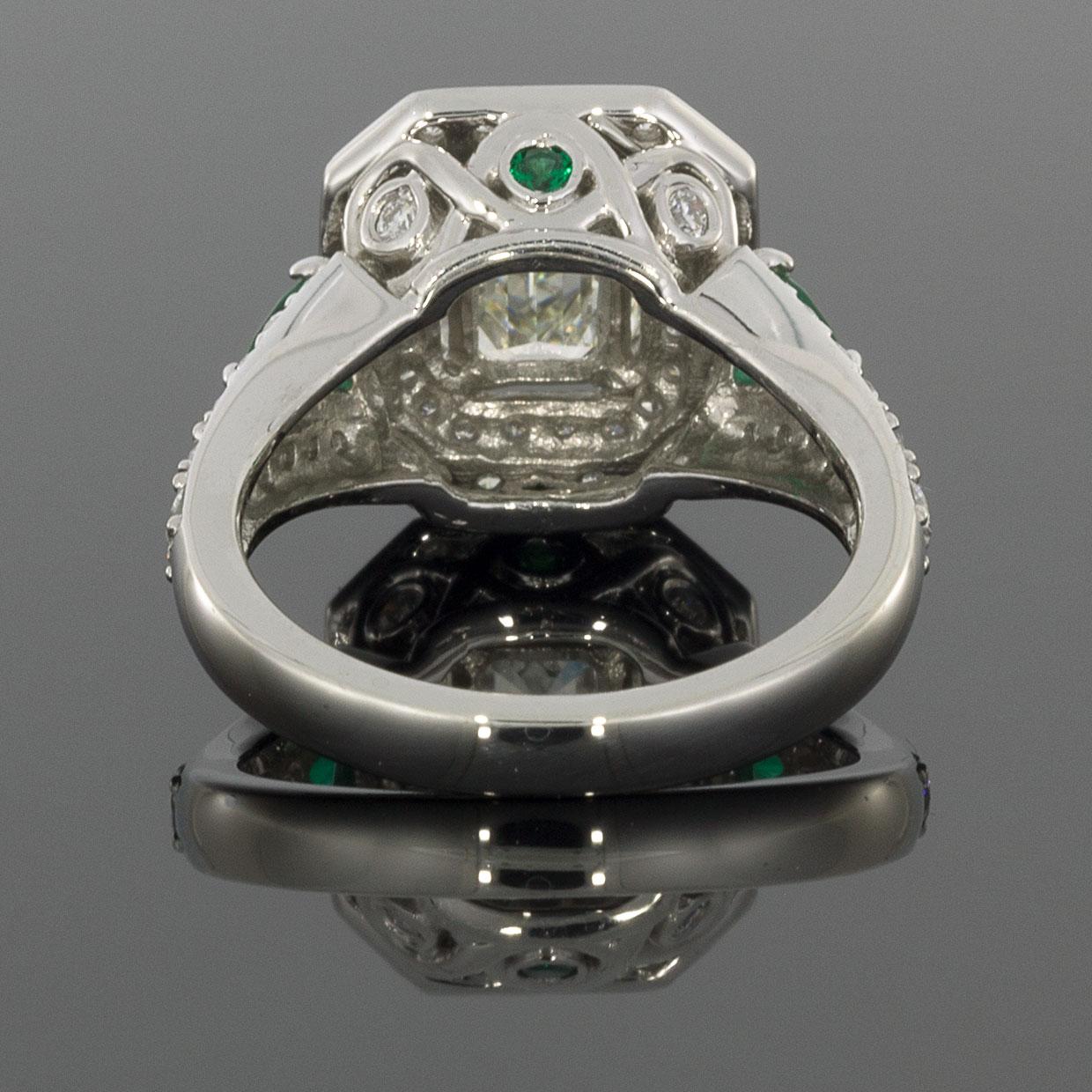 Emerald Cut Platinum 3.04 Carat Emerald Diamond and Emerald Double Halo Engagement Ring For Sale